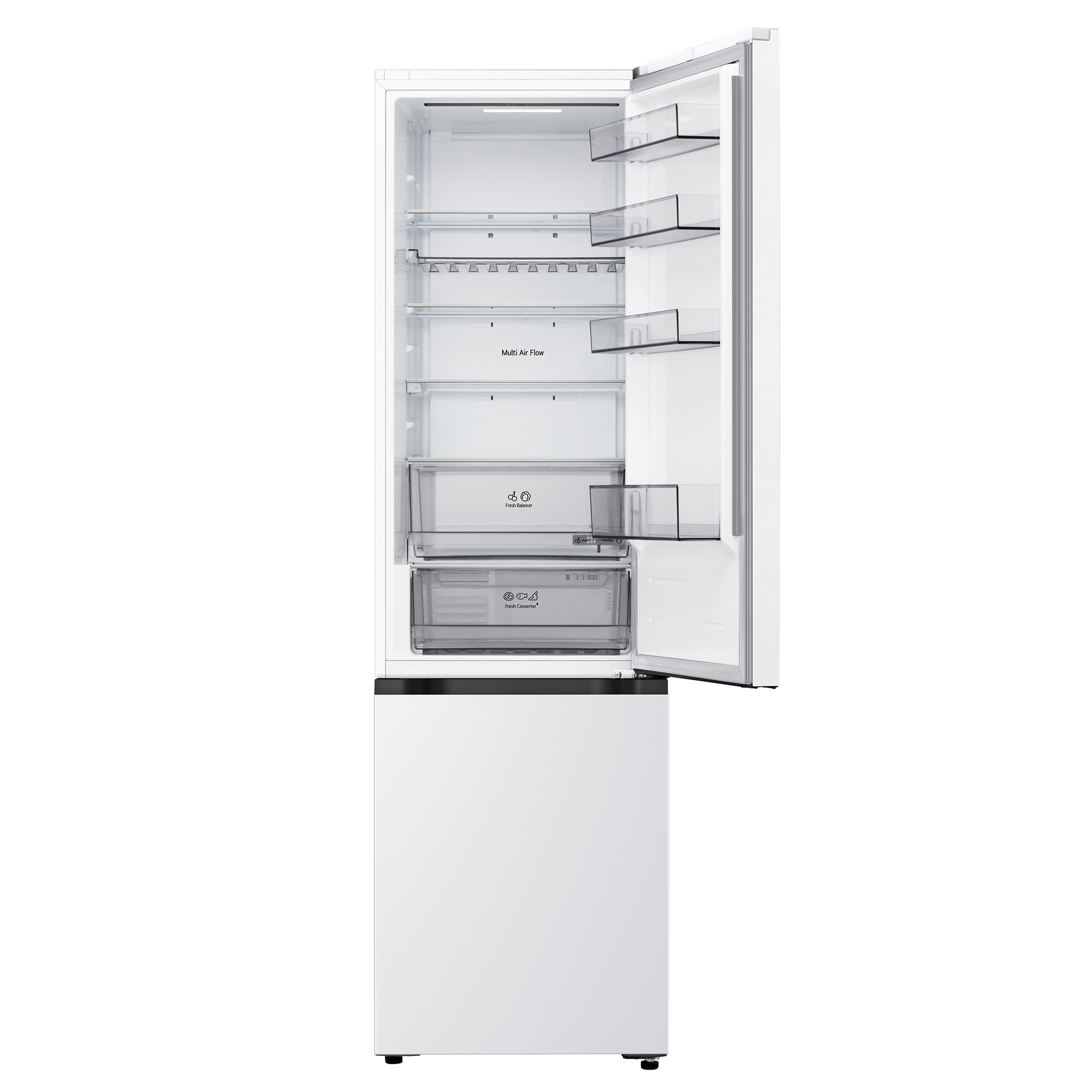 Ein weißer Kühlschrank mit offener Tür zeigt Regale, Schubladen und eine LED-Beleuchtung.