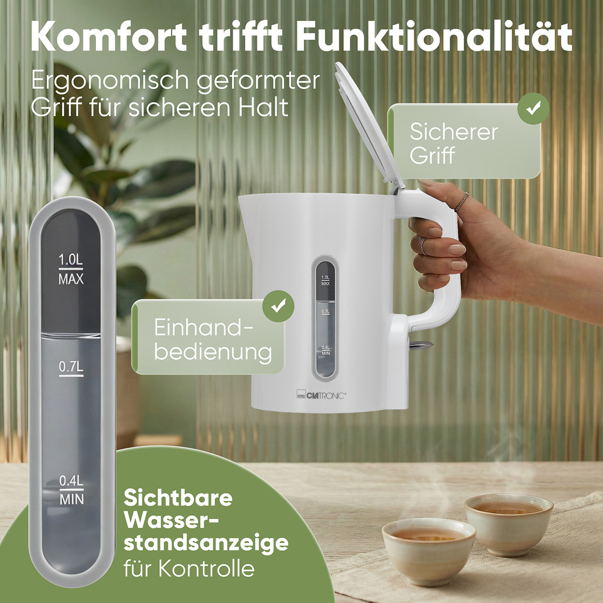 Weiße Teekanne mit sichtbarer Wasserstandsanzeige und Einhandbedienung.