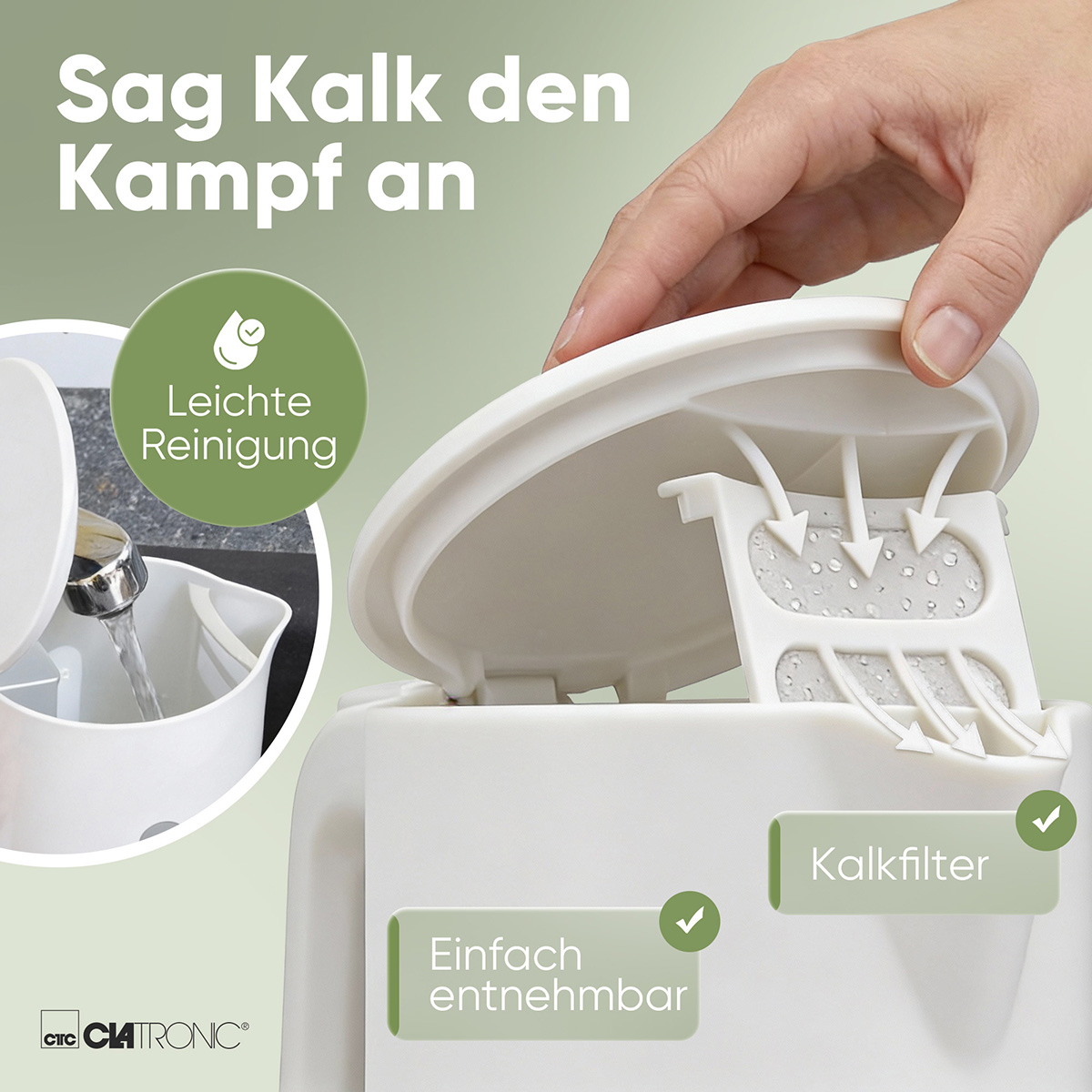 Ein Wasserkocher mit abnehmbarem Kalkfilter und leichter Reinigung.