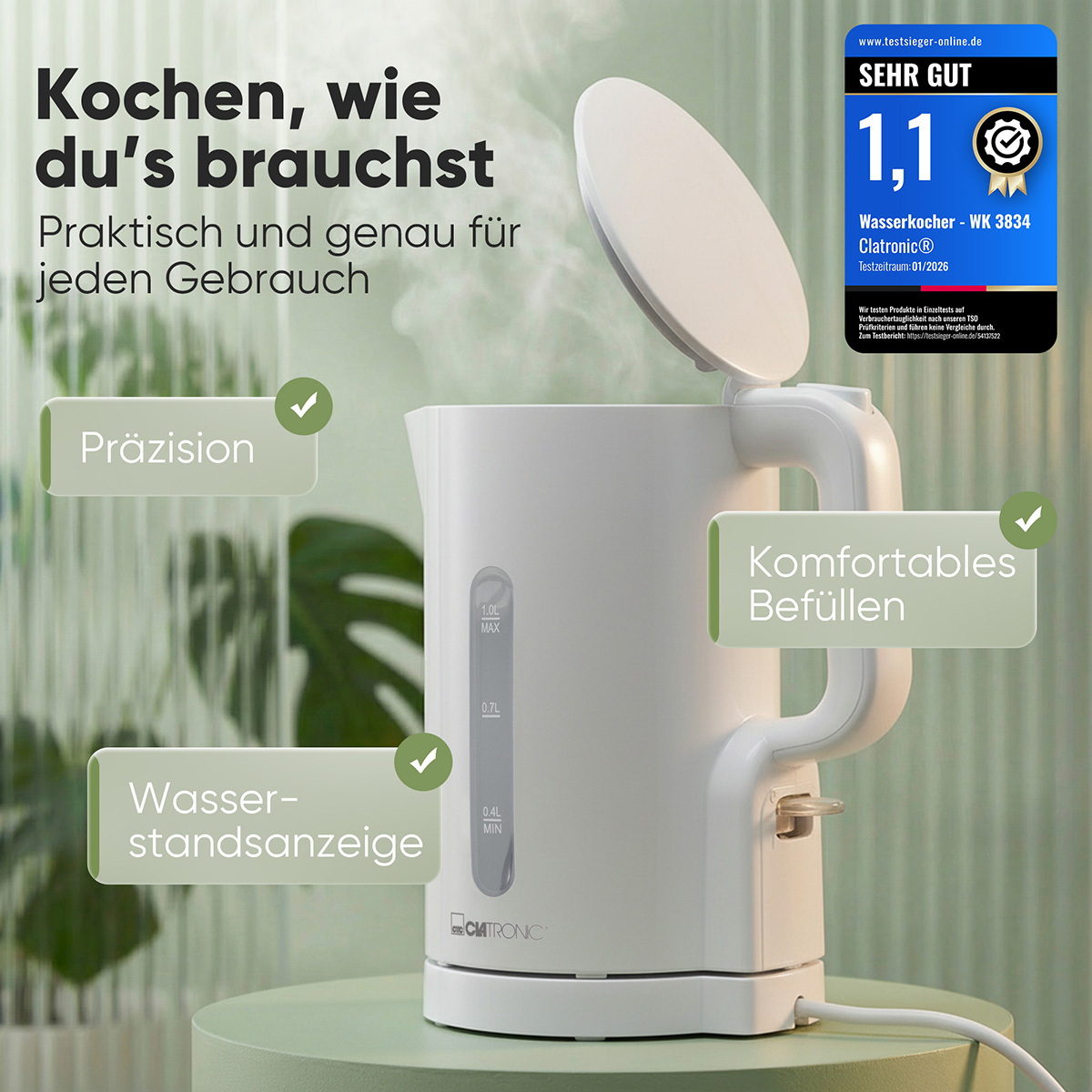 Ein weißer Wasserkocher mit offenem Deckel und Dampf, neben Text über Präzision und Befüllung.
