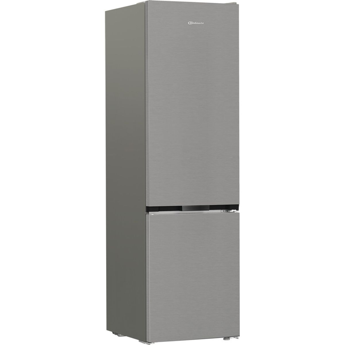Ein hoher, schmaler, silberfarbener Kühlschrank mit zwei Türen.