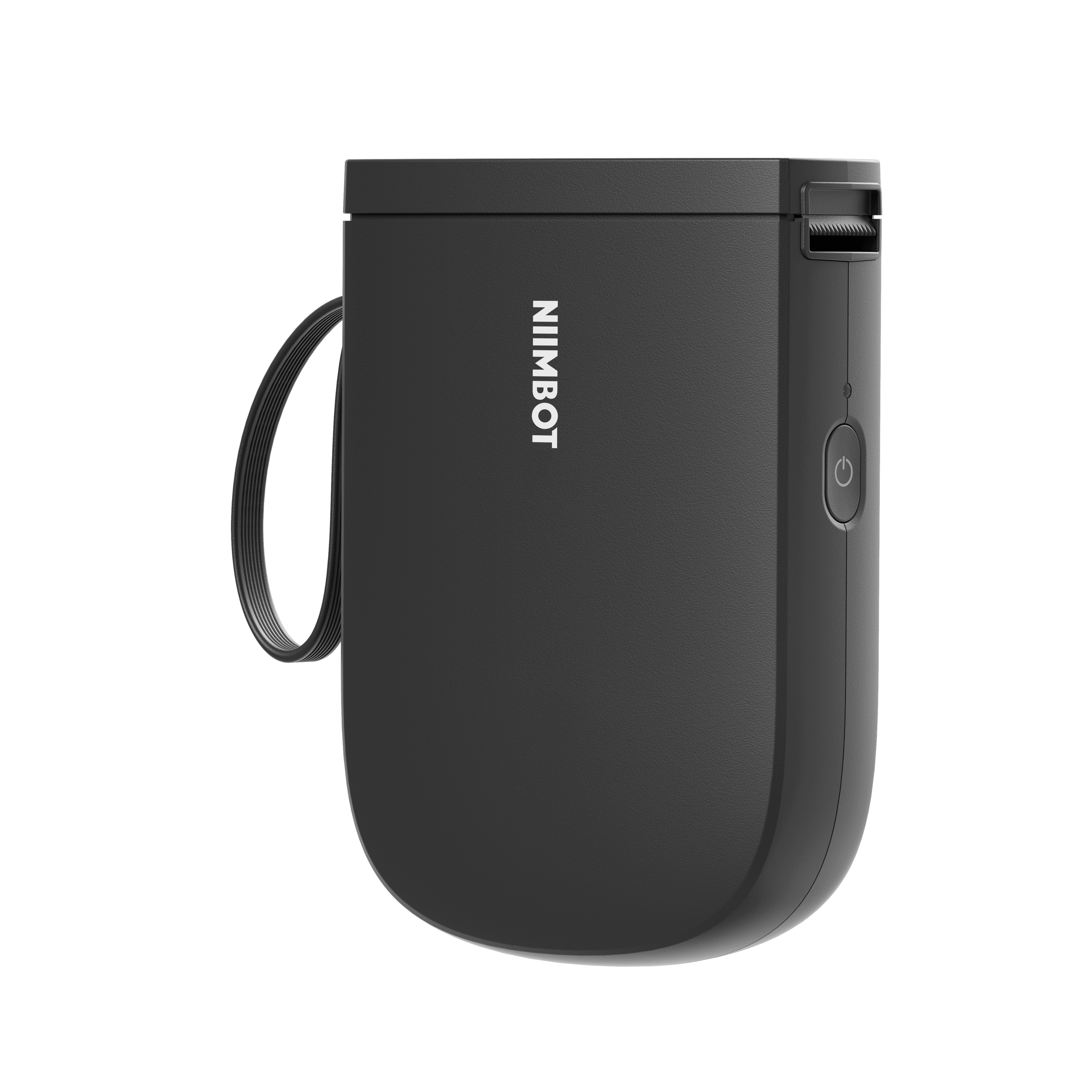 Czarna drukarka NIIMBOT z paskiem i przyciskiem zasilania.