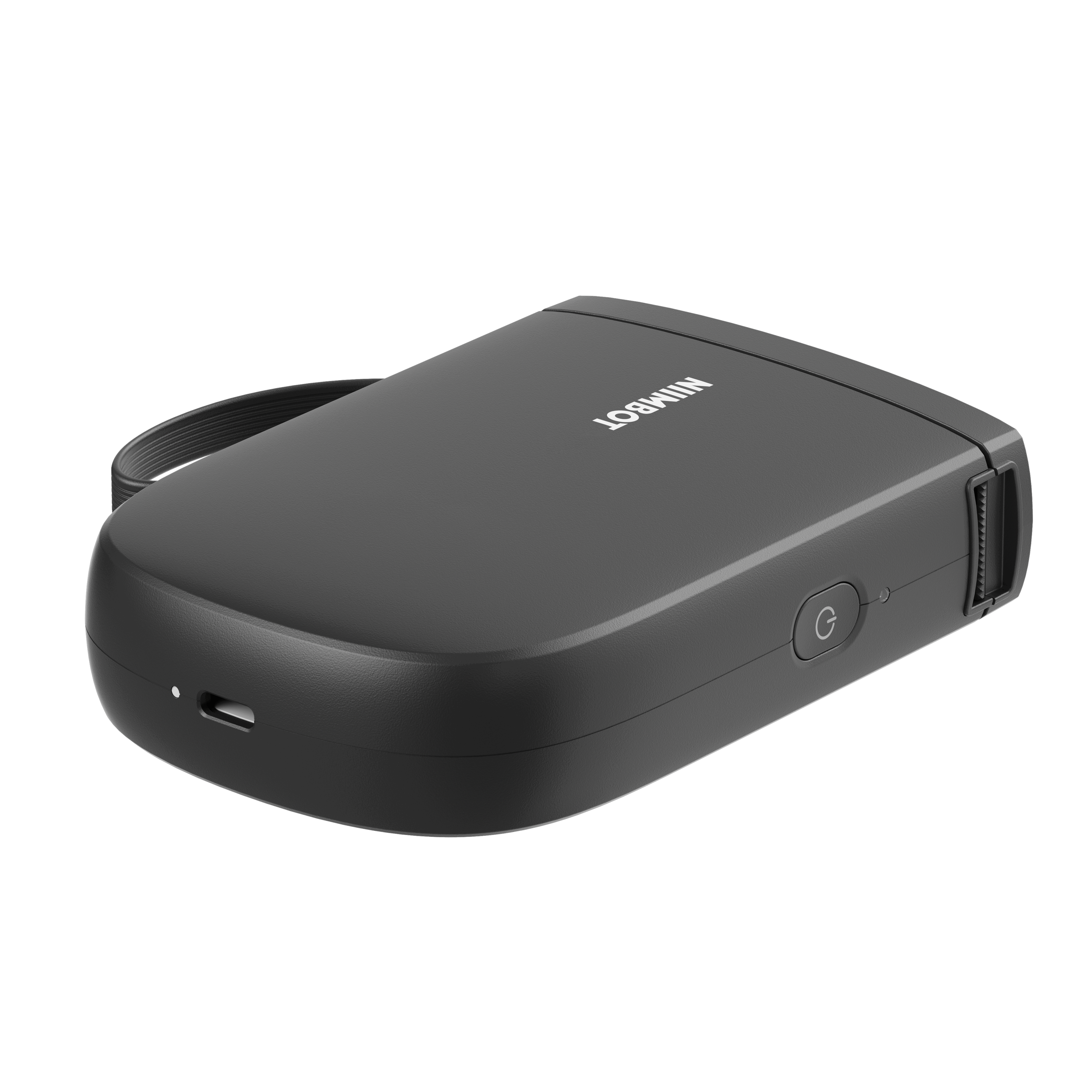 Czarna przenośna drukarka ze smyczą, portem USB-C i przyciskiem zasilania.