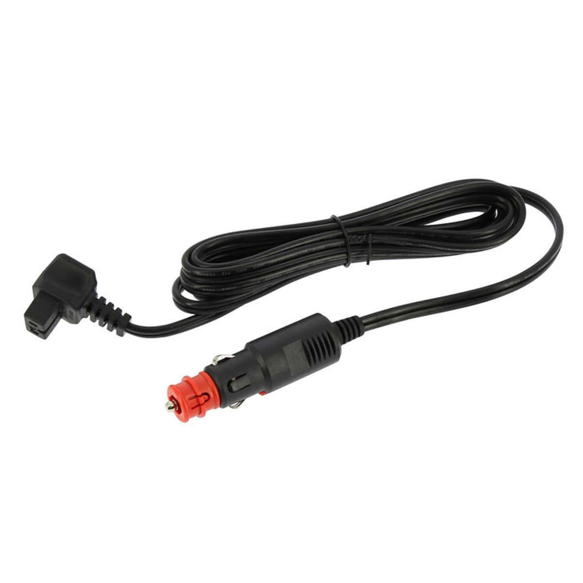 Ein schwarzes Kabel mit einem Winkelstecker und einem Zigarettenanzünder-Stecker.