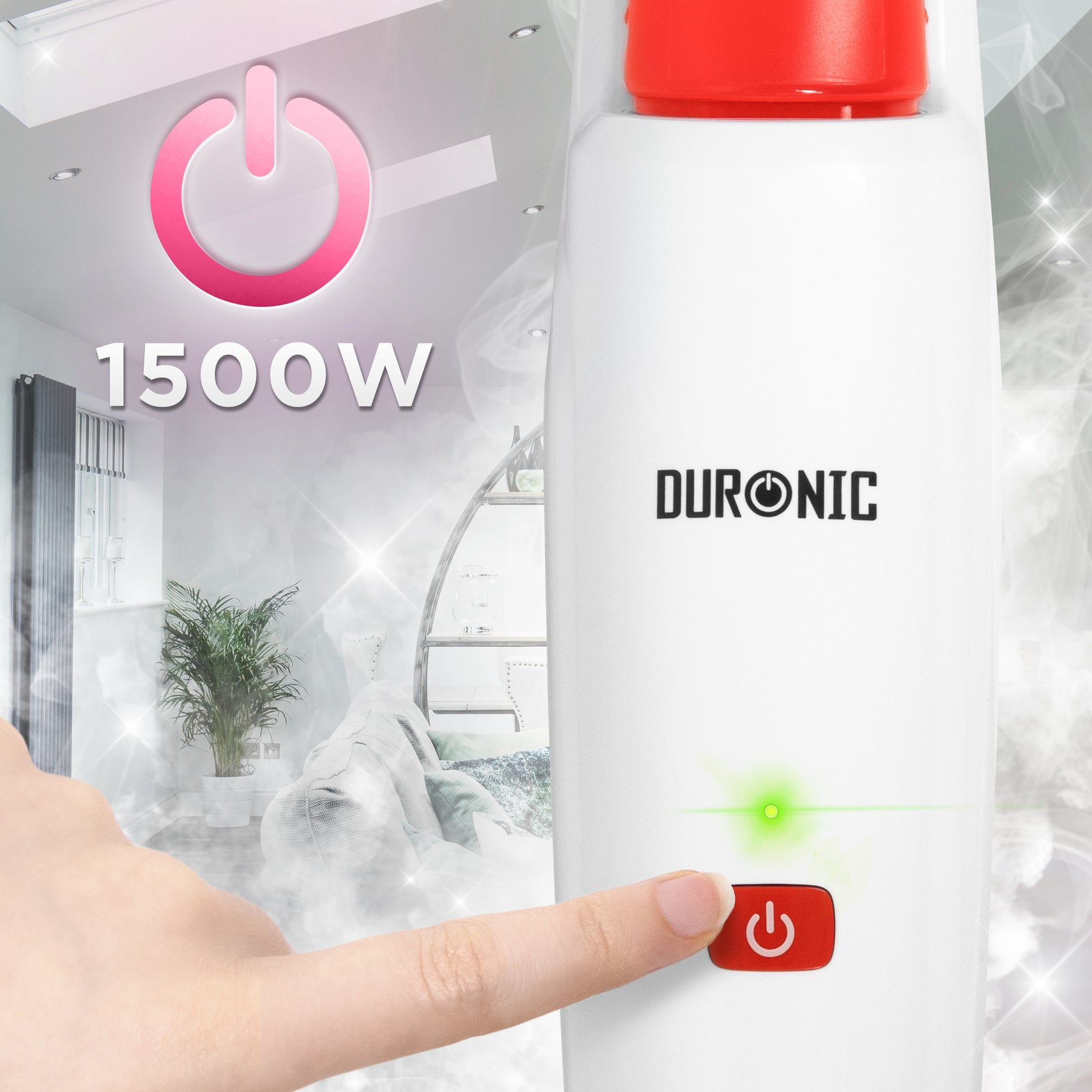 Eine Hand drückt den roten Netzschalter eines weißen Geräts mit "DURONIC"-Logo.