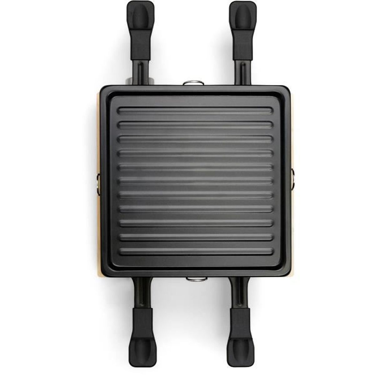 Ein elektrischer Grill mit Holzrahmen und zwei schwarzen Griffen oben und unten.