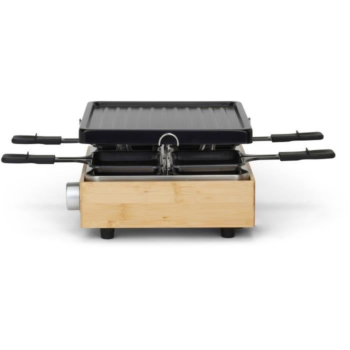 Ein Raclette-Grill mit Holzsockel und schwarzer Grillplatte.