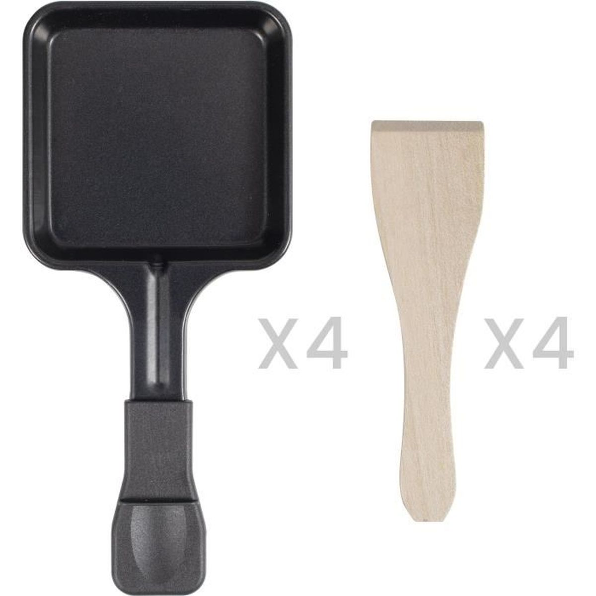 Ein schwarzes Raclette-Pfännchen und vier Holzspatel auf weißem Hintergrund.