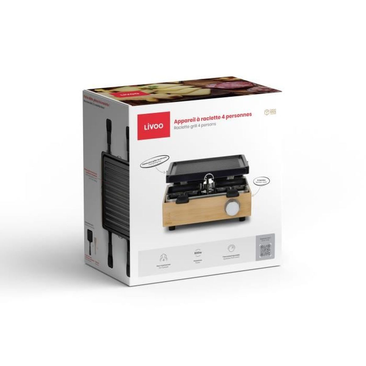 Verpackung eines Raclettegrills aus Holz und Metall mit schwarzer Grillplatte.