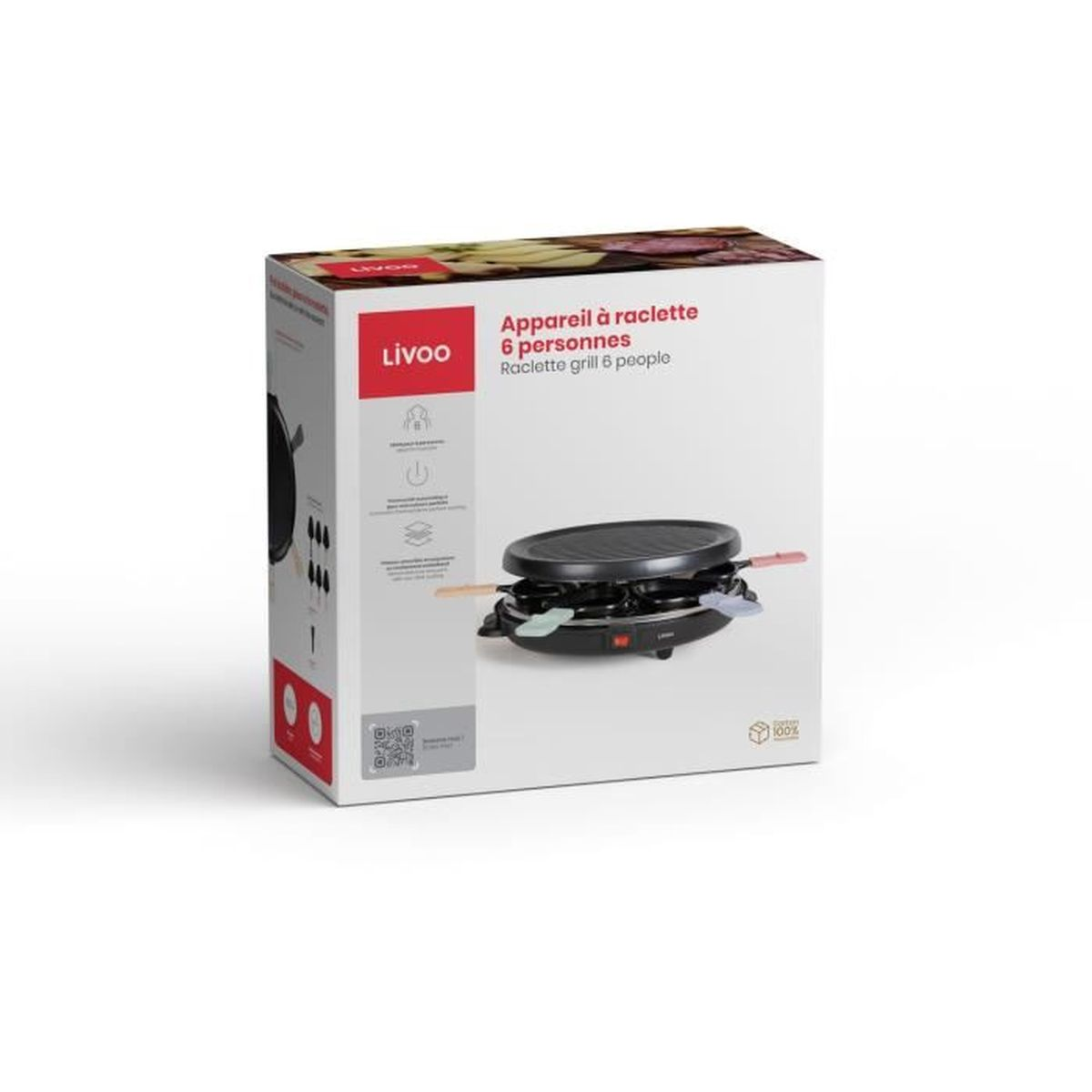 Raclette-Grill für 6 Personen auf weißem Karton mit Produktabbildung.