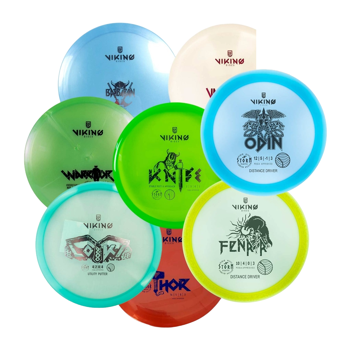 Kilka dysków Viking Disc Golf w różnych kolorach i wzorach.