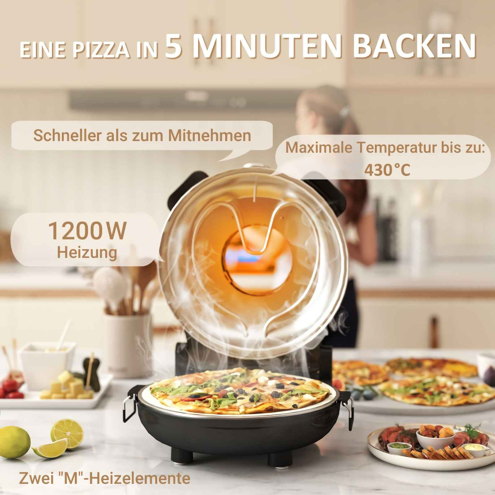Ein Pizzaofen mit 1200W Heizung, backt Pizza in 5 Minuten bis 430°C.