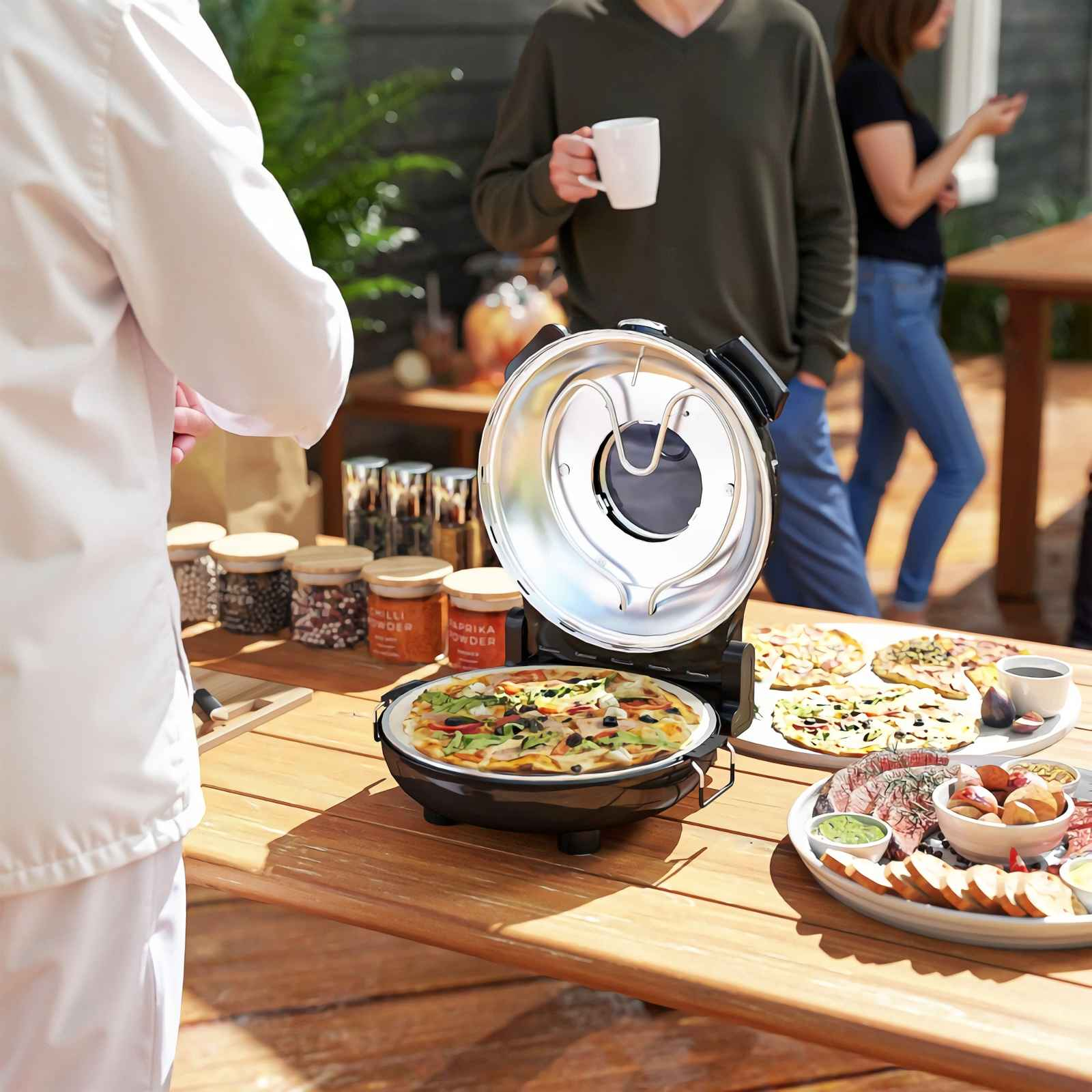 Ein Pizzamaker mit einer Pizza steht auf einem Holztisch. Mehrere Pizzen und Speisen sind daneben.