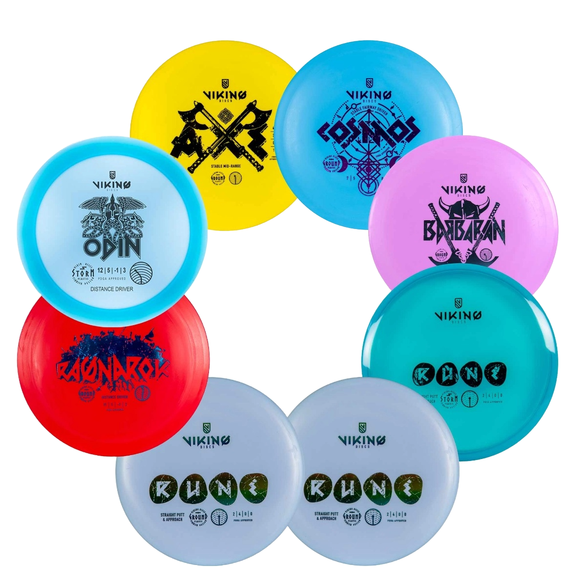 Kolekcja kolorowych dysków Viking ułożonych w okrąg.