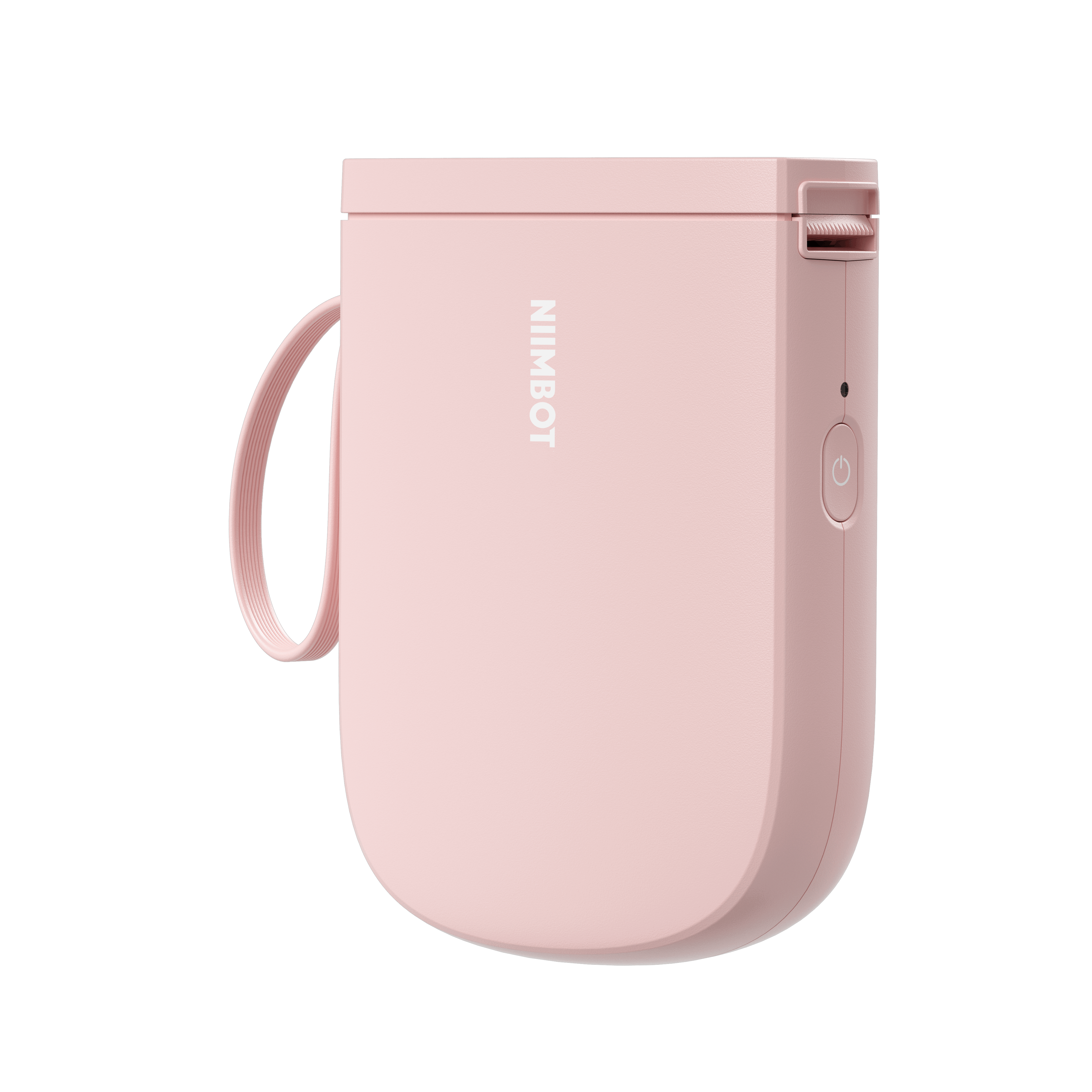 Różowa drukarka etykiet NIIMBOT z uchwytem i przyciskiem zasilania.