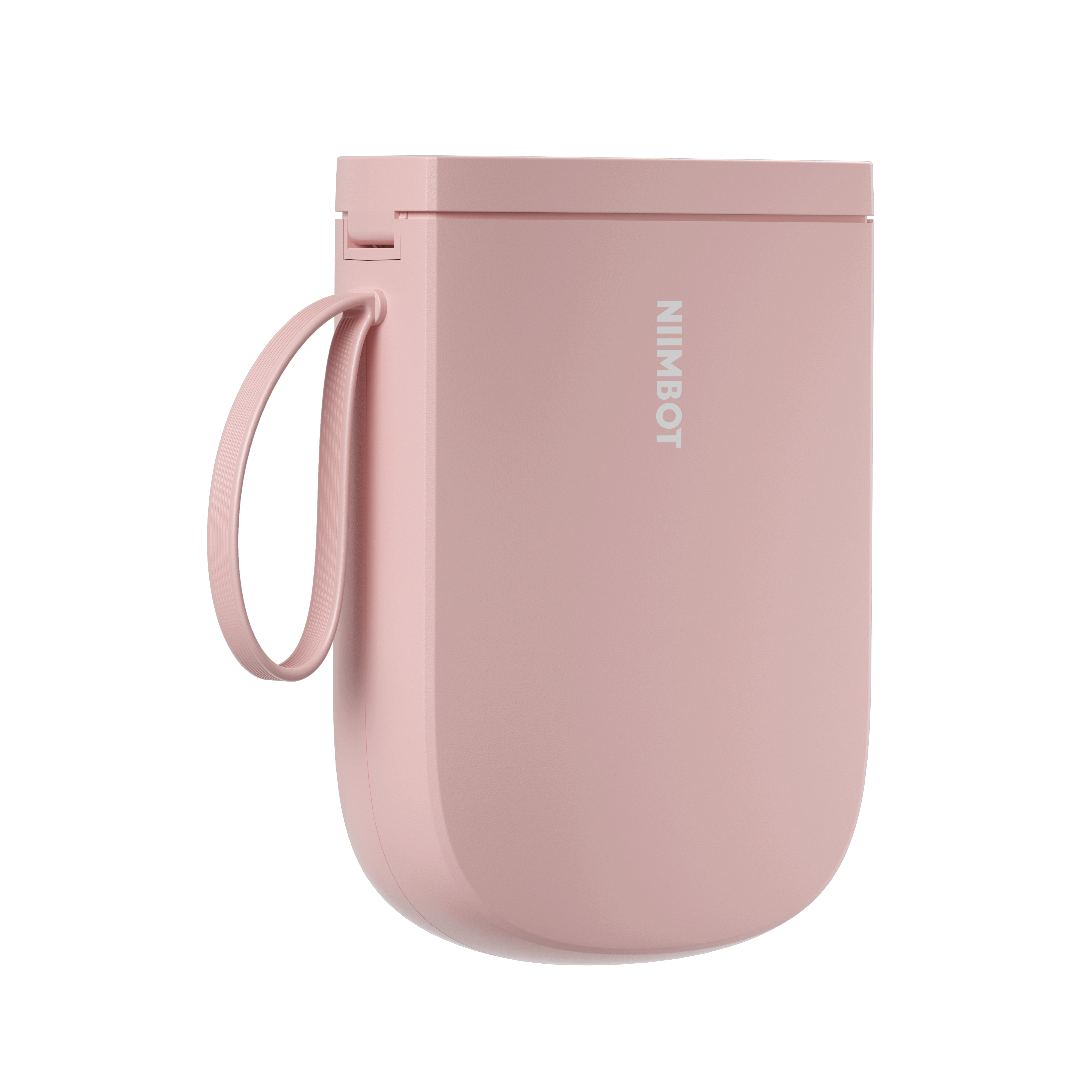 Różowe pudełko NIIMBOT z uchwytem, na czarnym tle.