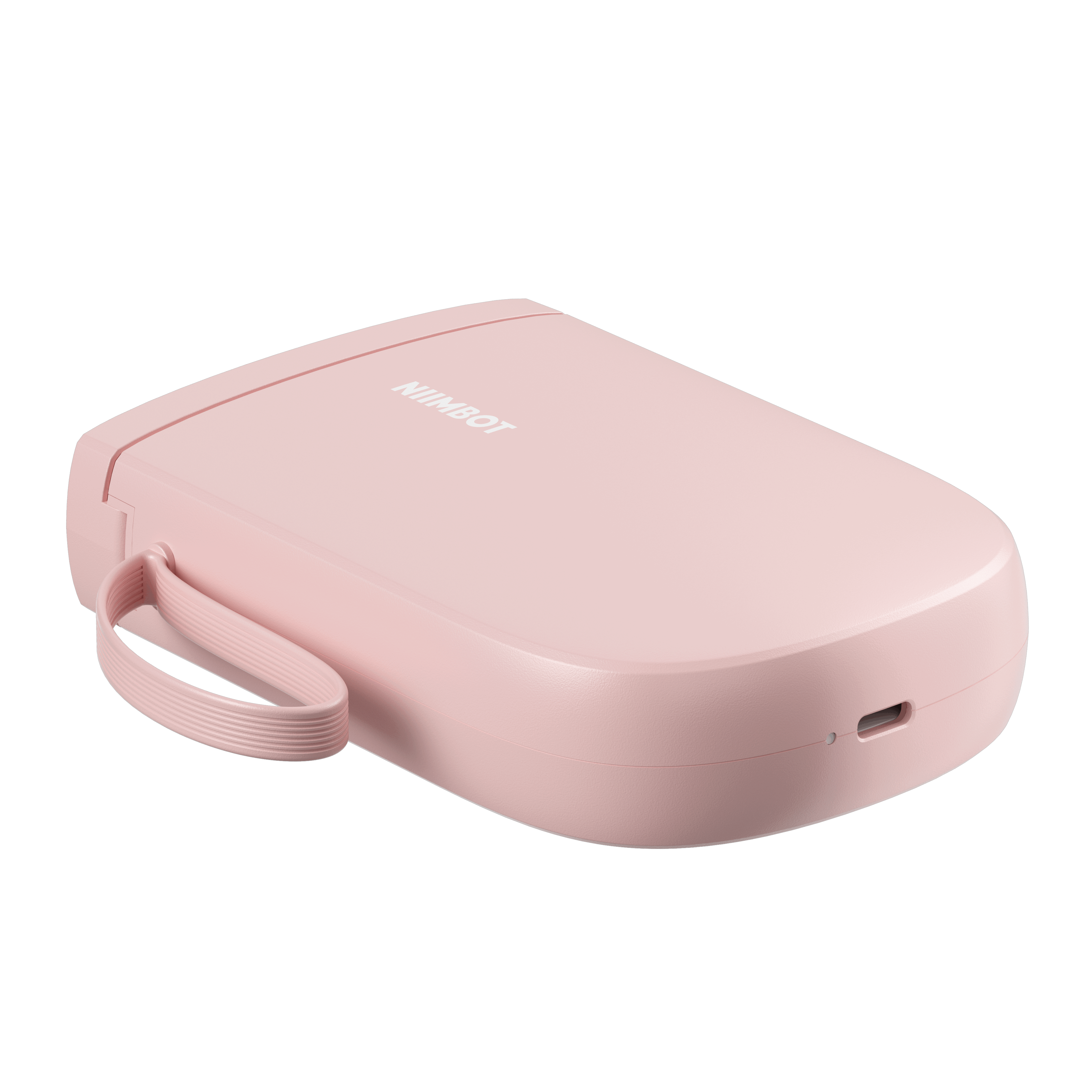 Różowa drukarka etykiet z uchwytem i portem USB-C.