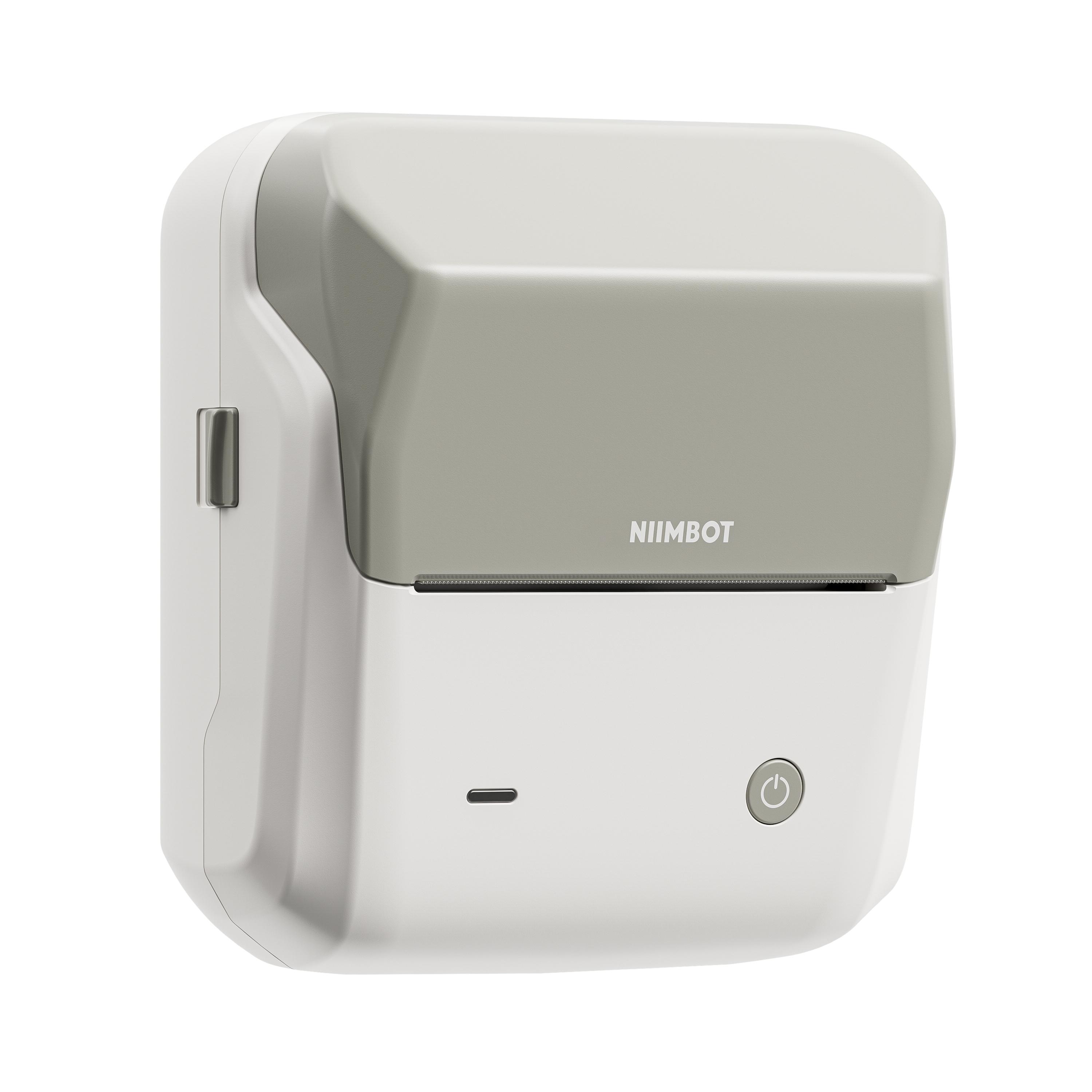 Biała i szara drukarka Niimbot z przyciskiem zasilania.