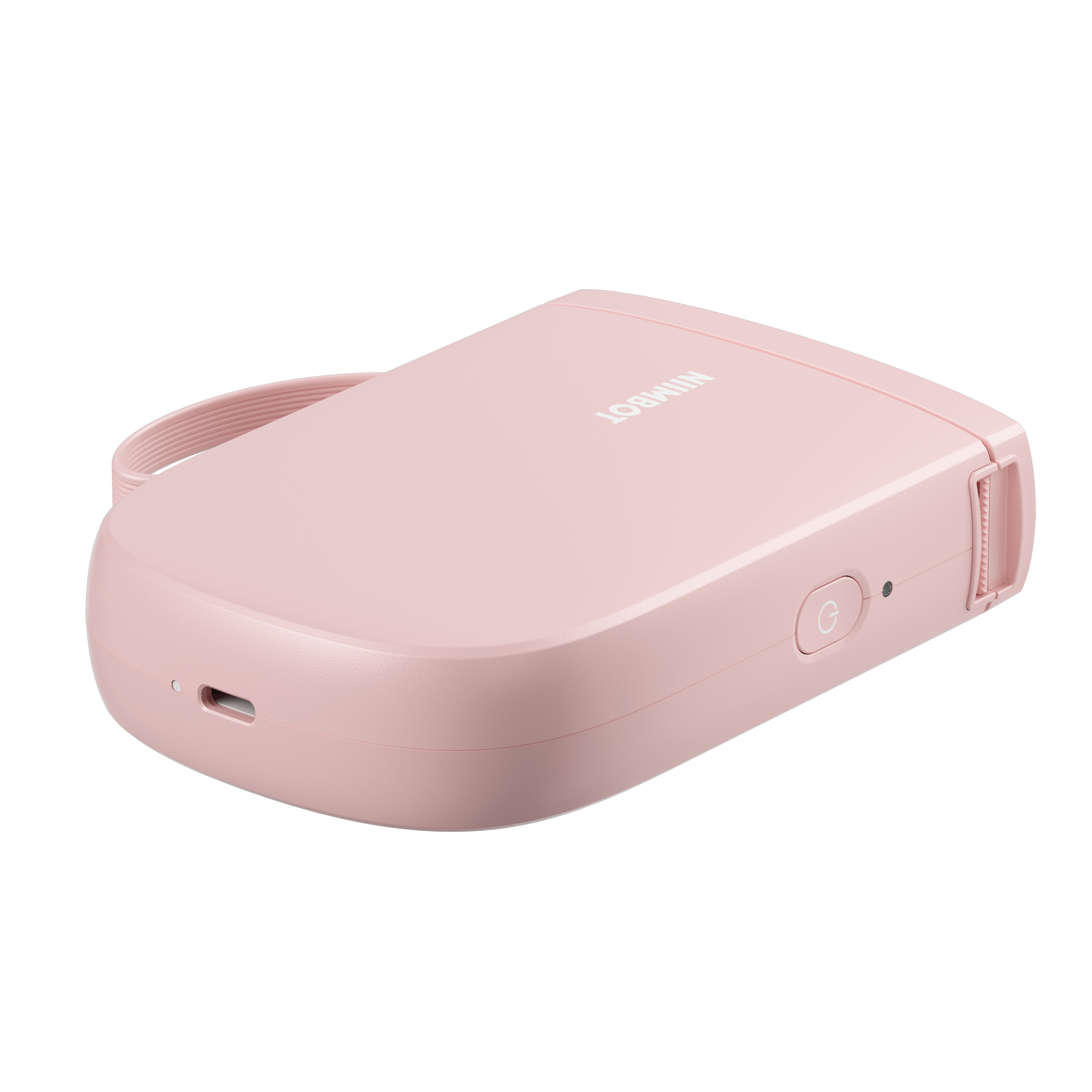 Różowa drukarka z paskiem i przyciskiem zasilania.