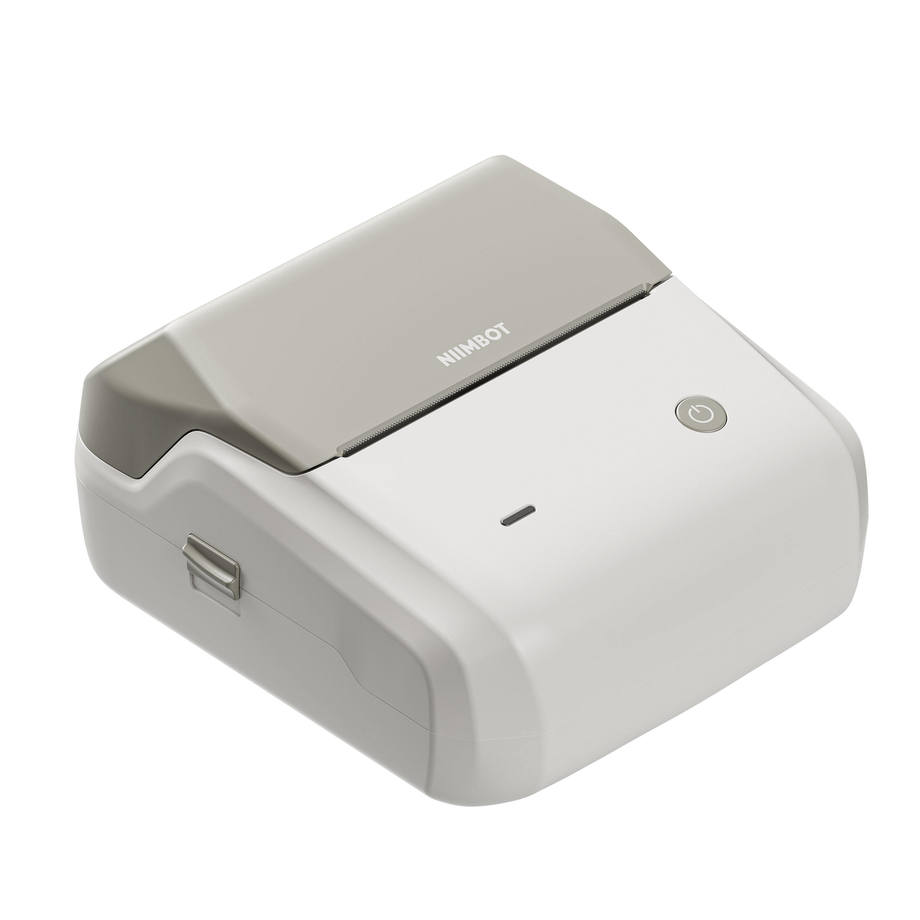 Biała i szara drukarka Niimbot z przyciskiem zasilania i kontrolką.