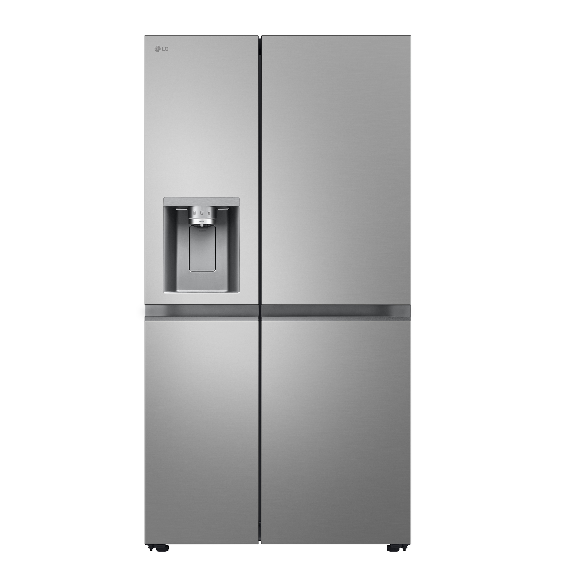 Ein silberner LG Kühlschrank mit Doppeltüren und Wasserspender vorne.