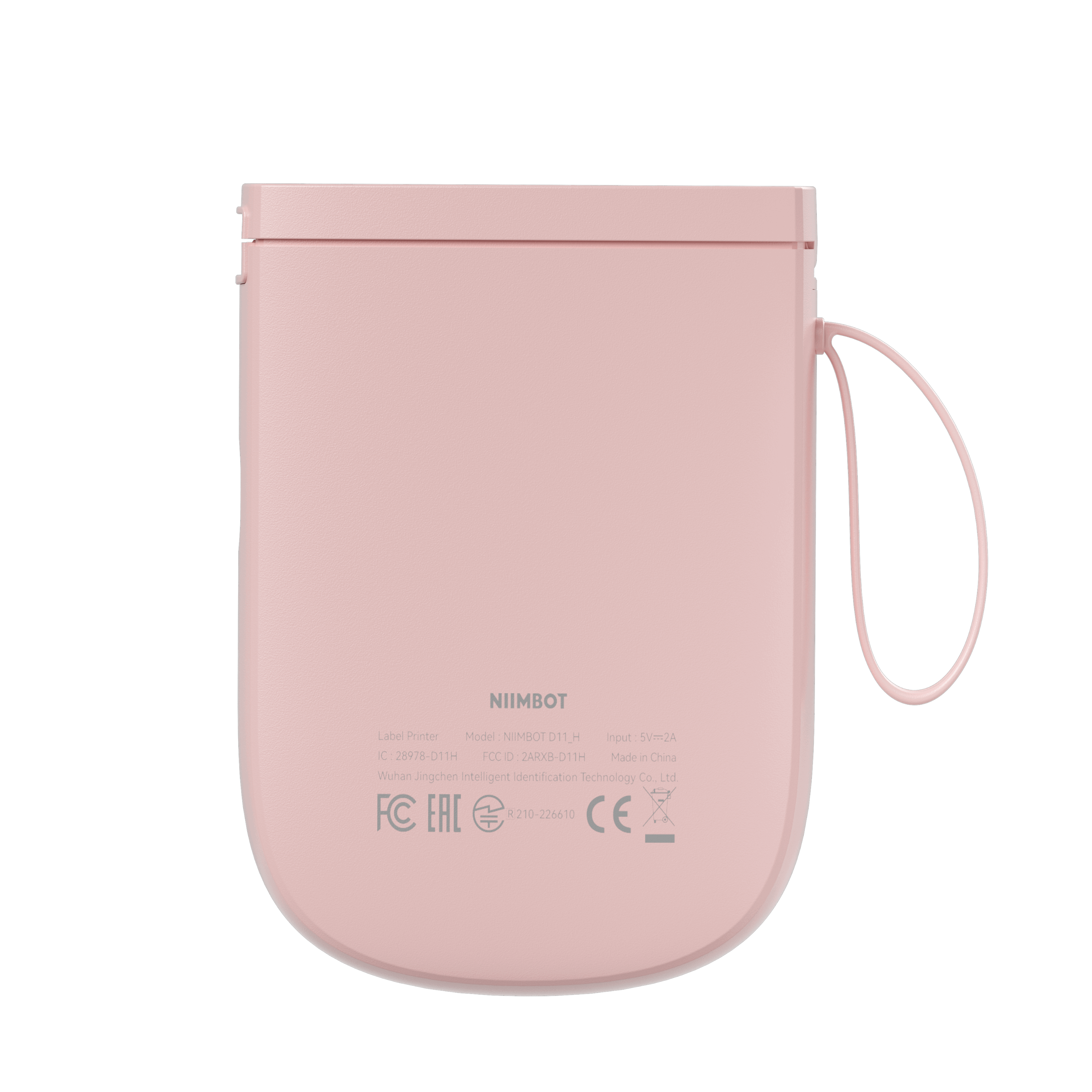 Różowa drukarka etykiet z logo Niimbot i detalami technicznymi z tyłu.