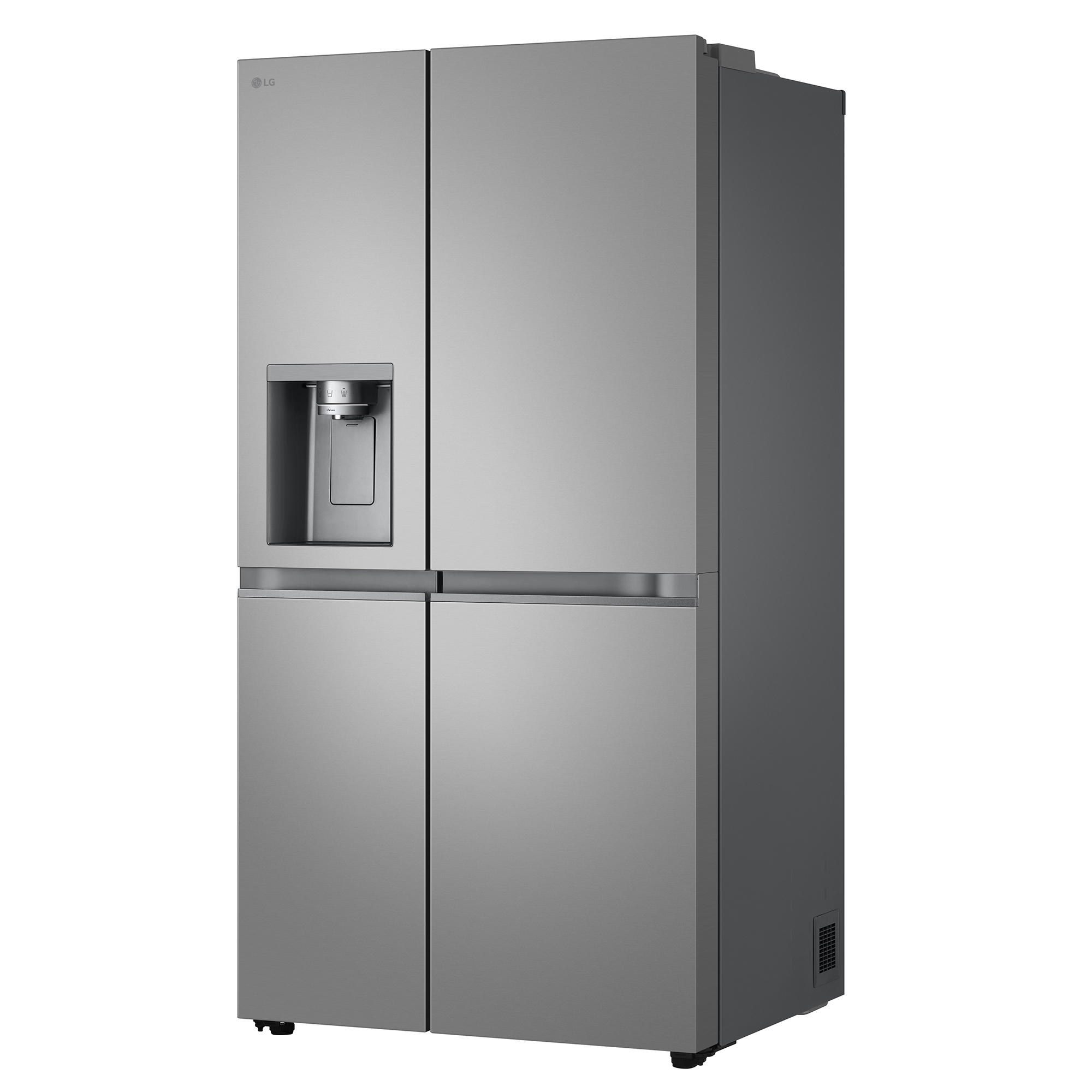 Ein silberner LG Kühlschrank mit vier Türen und Wasserspender.