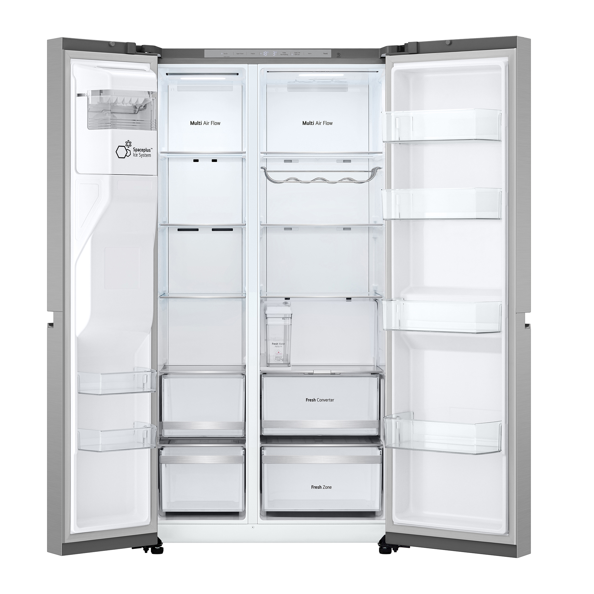 Ein offener Kühlschrank mit Gefrierfach, silberfarben, mit mehreren Fächern.