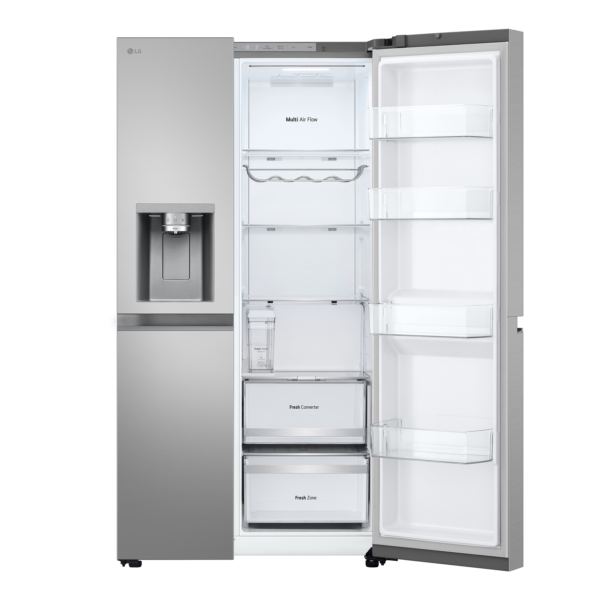 Ein silberner LG Kühlschrank mit offenstehender Tür, innen leer und sauber.