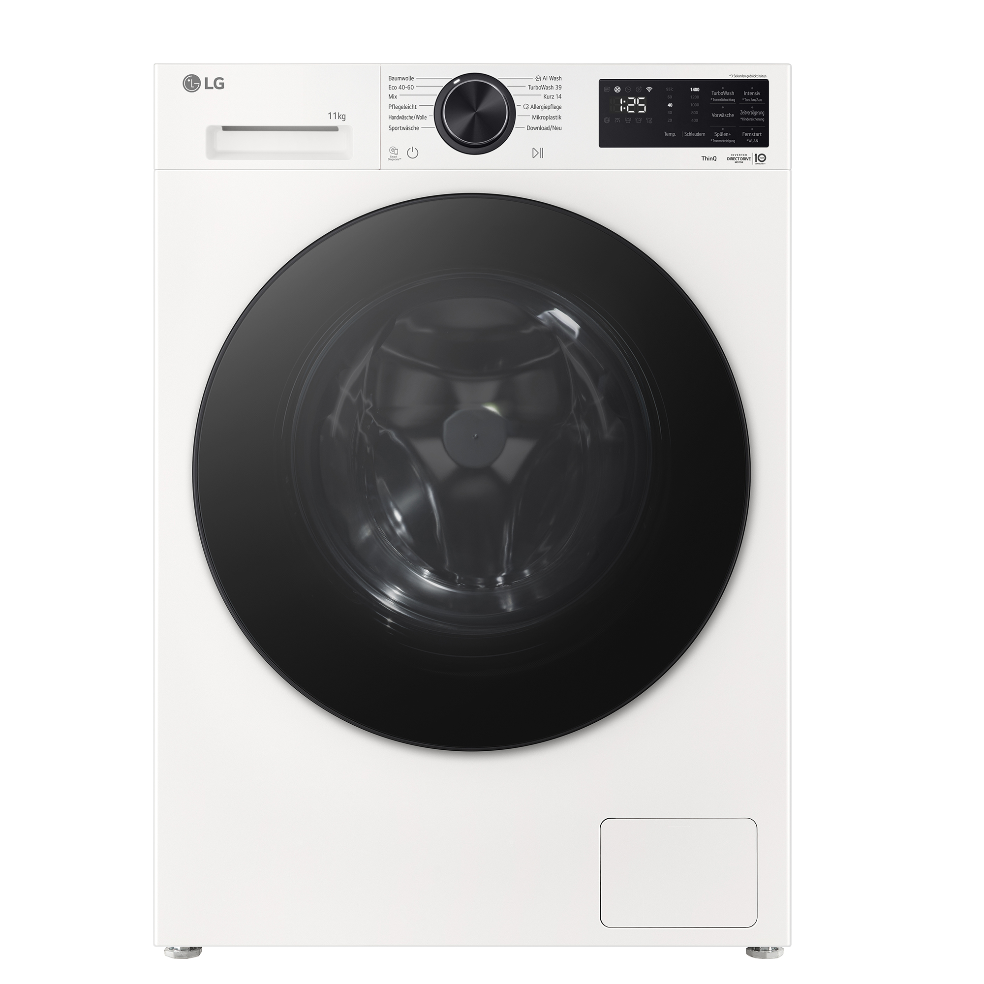 Weiße LG Waschmaschine mit schwarzer Tür und Bedienfeld.