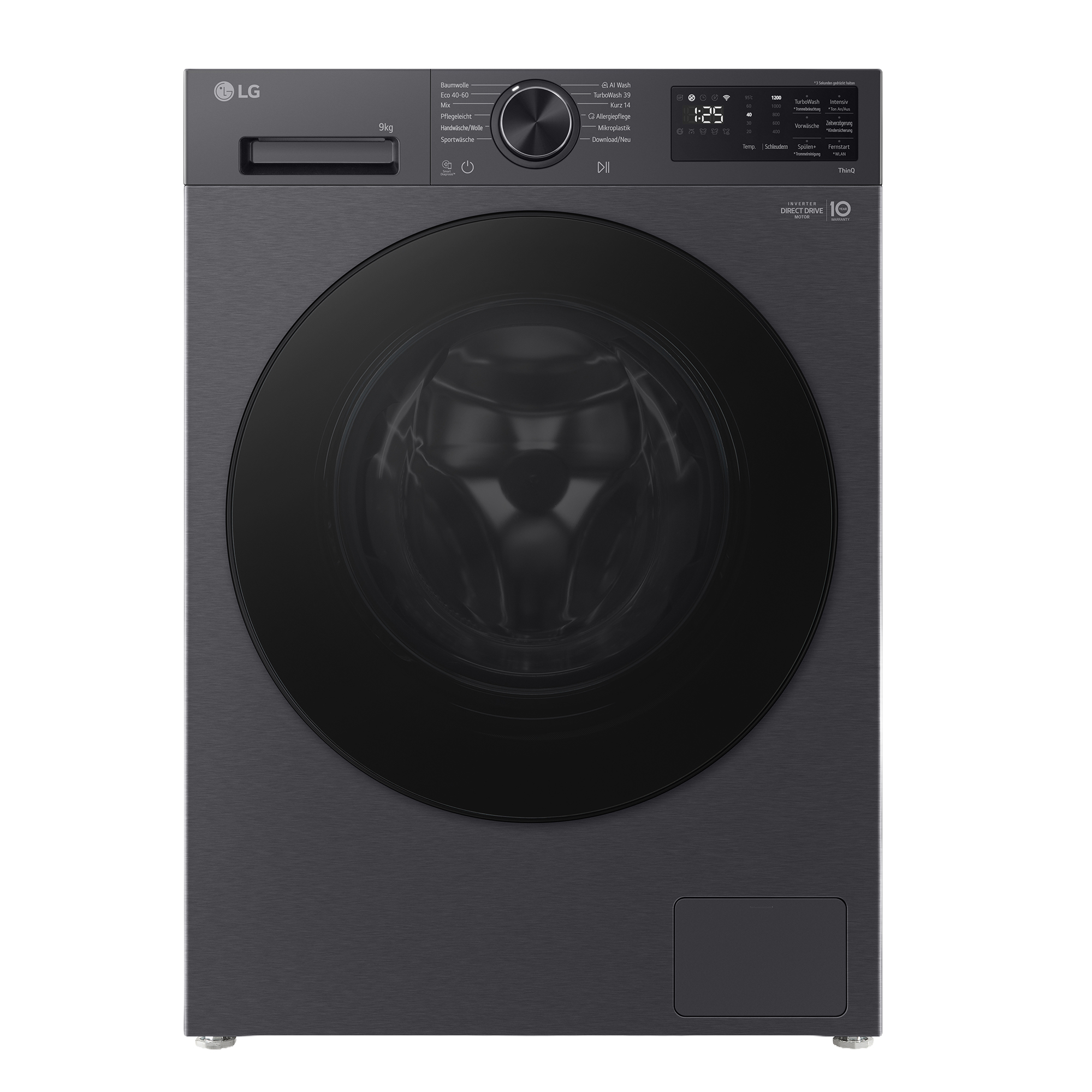 Eine graue LG Waschmaschine mit 9kg Kapazität und schwarzer Tür.