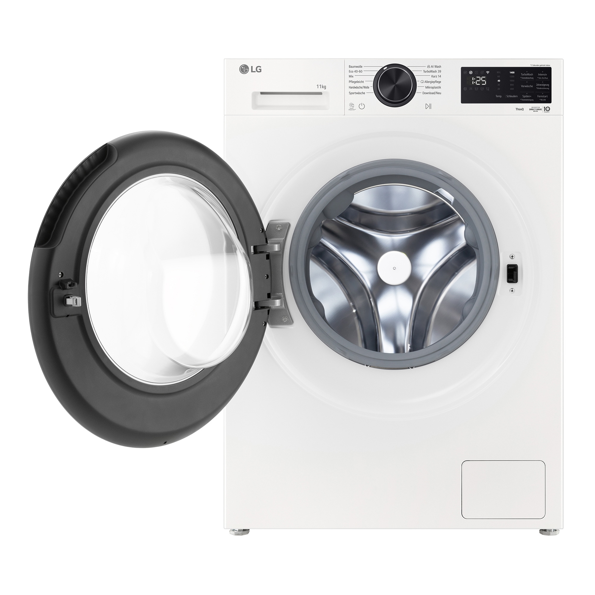 Weiße LG Waschmaschine mit geöffneter Tür und silberner Trommel.