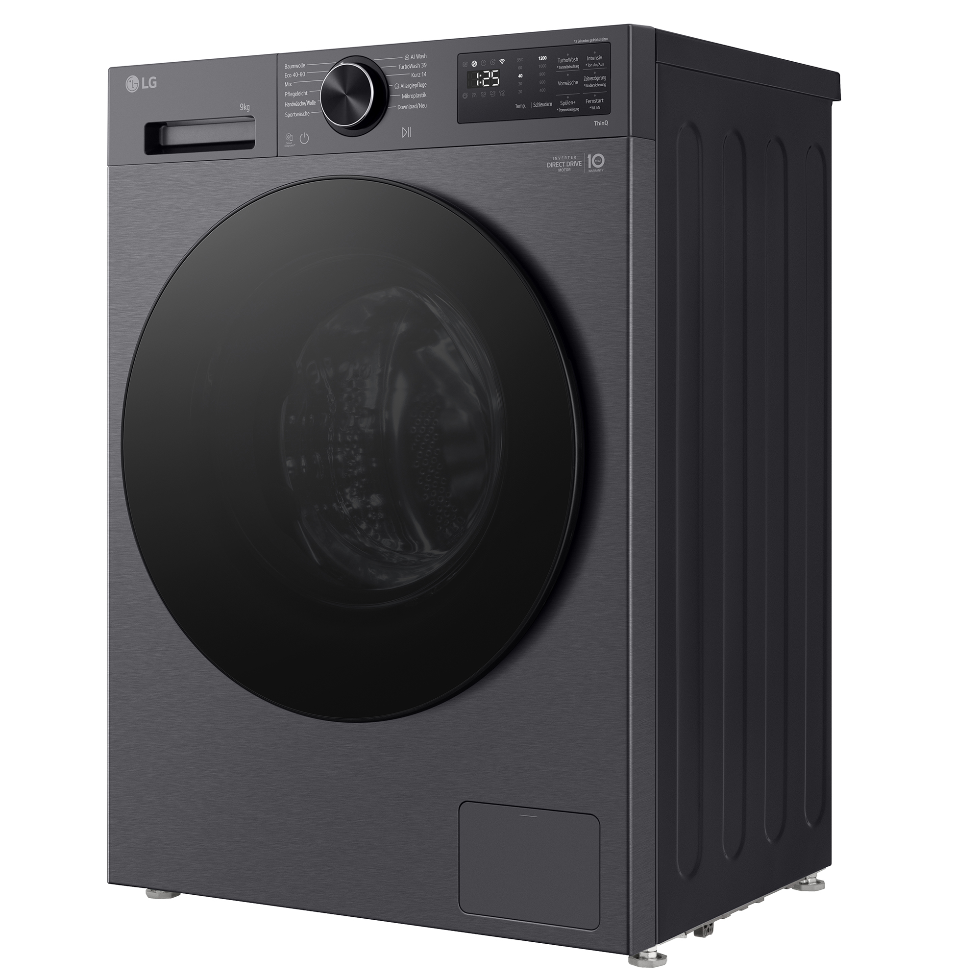 Eine dunkle LG Waschmaschine mit einem runden schwarzen Bullauge und Bedienfeld.