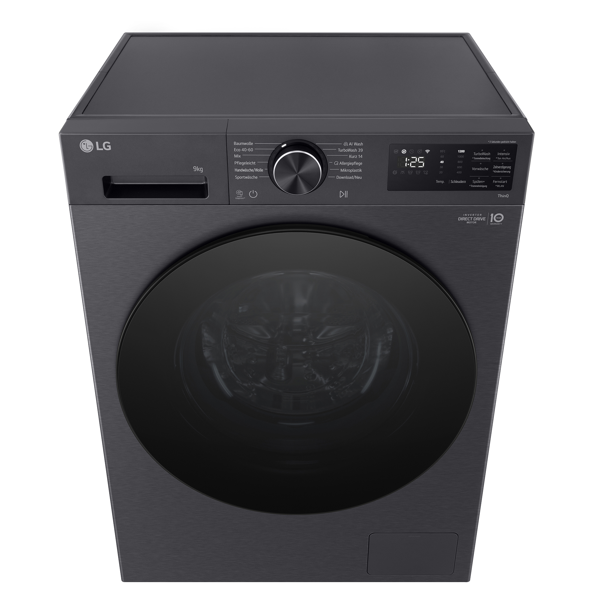 Dunkelgraue LG Waschmaschine mit schwarzer Tür und Bedienfeld. 9kg Kapazität.