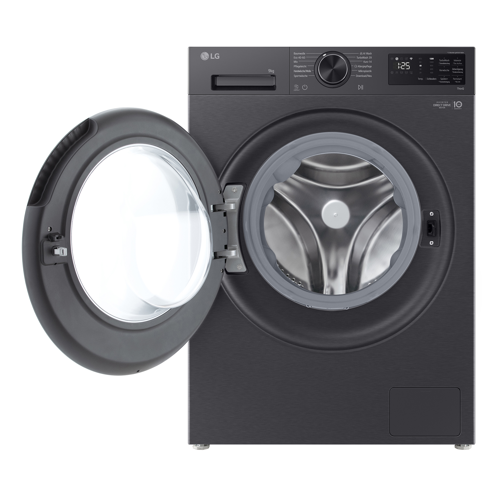 Schwarze LG Waschmaschine mit geöffneter Tür, 9kg Fassungsvermögen und digitalem Display.