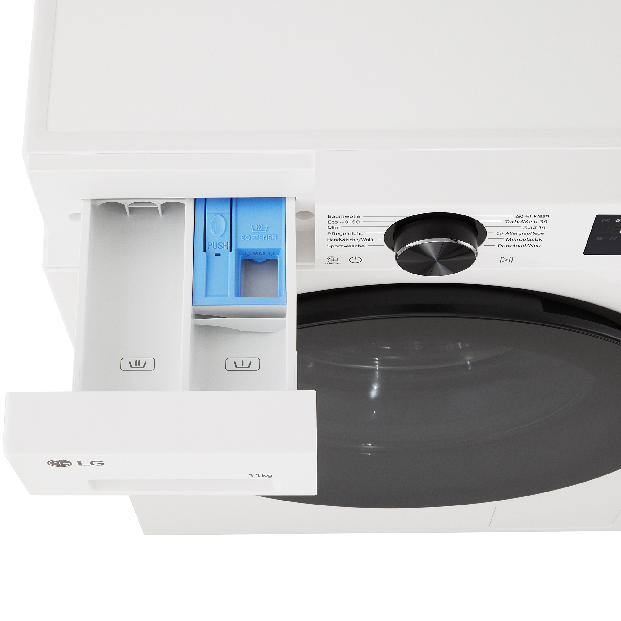 Weiße LG Waschmaschine mit ausziehbarem Waschmittelspender und Bedienfeld.