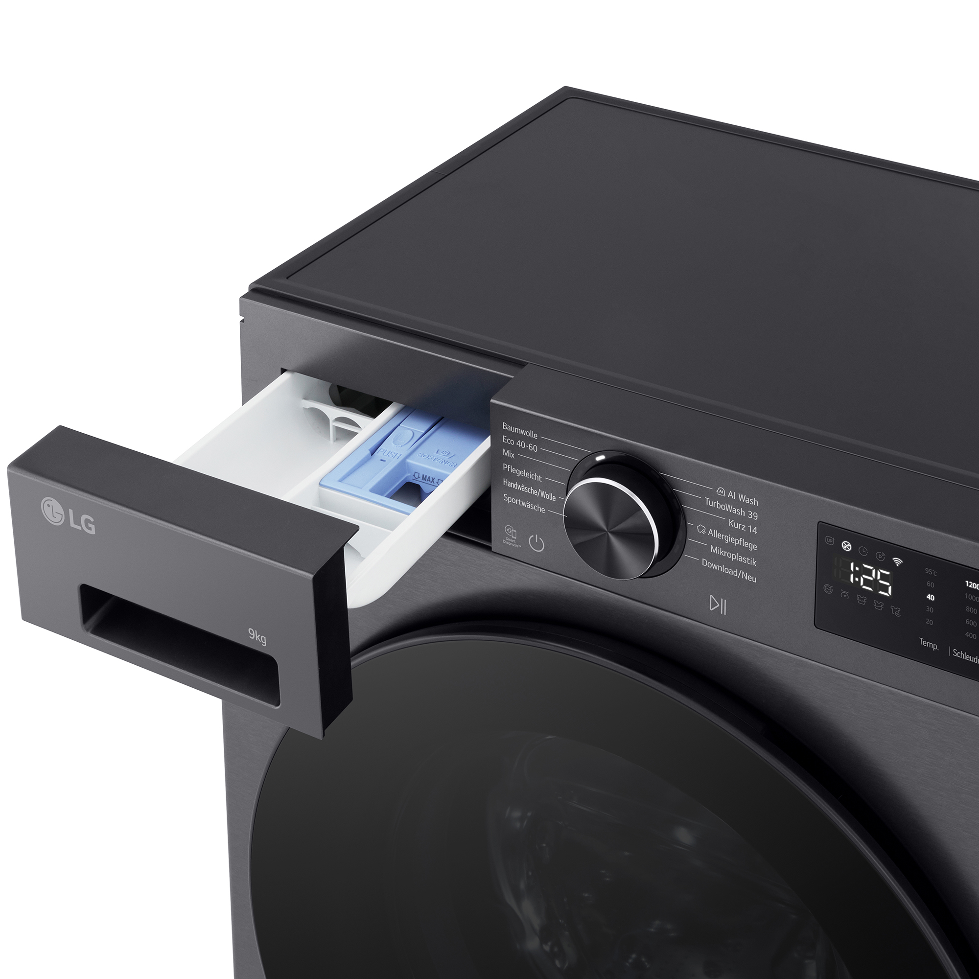 Dunkelgraue LG Waschmaschine mit herausgezogener Schublade für Waschmittel.