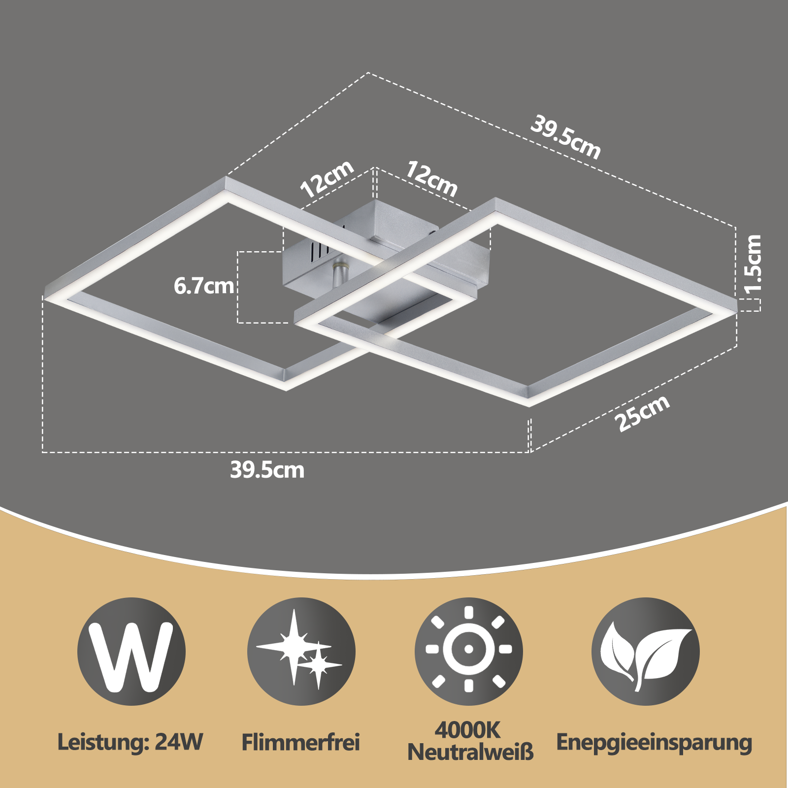 Plafoniera moderna con due quadrati interconnessi, dimensioni 39.5x39.5x6.7cm.