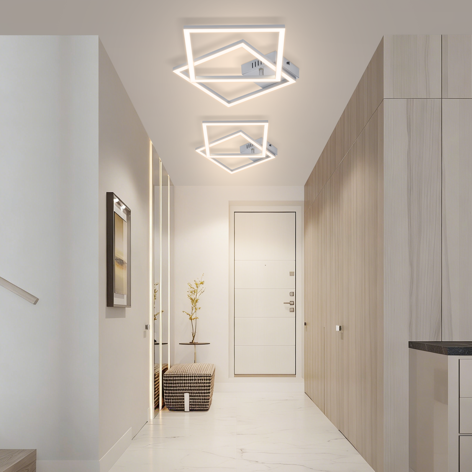 Corridoio moderno con due plafoniere geometriche, boiserie in legno e porta bianca.