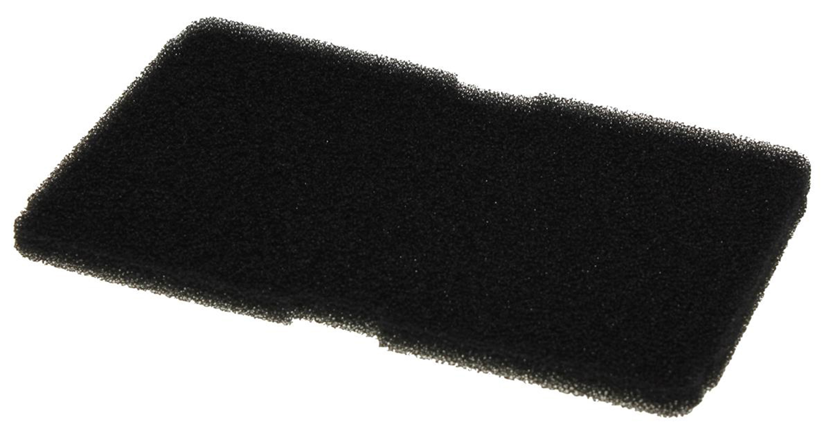 Ein rechteckiger schwarzer Schaumstofffilter mit poröser Textur liegt auf weißem Hintergrund.