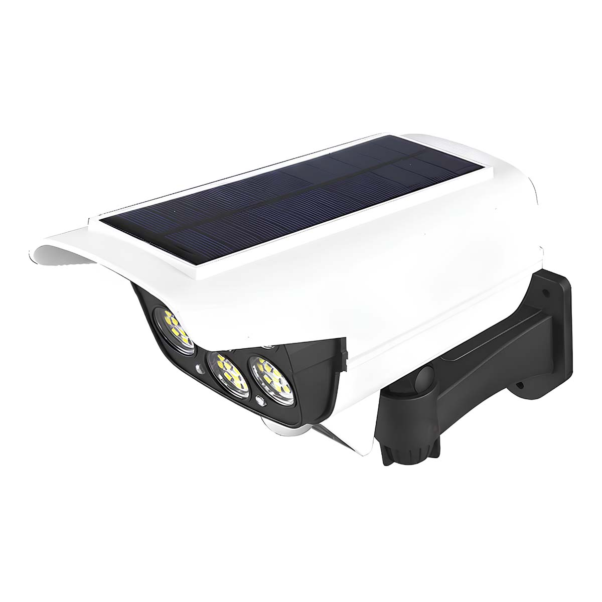 Luz solar blanca con tres luces y brazo negro sobre fondo blanco.