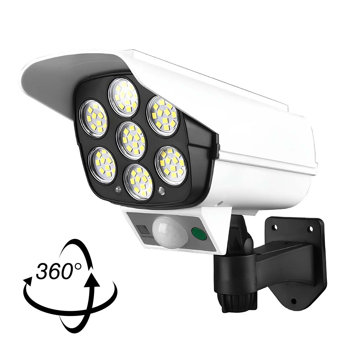 Luz solar blanca con 7 LEDs, sensor de movimiento y símbolo de 360 grados.
