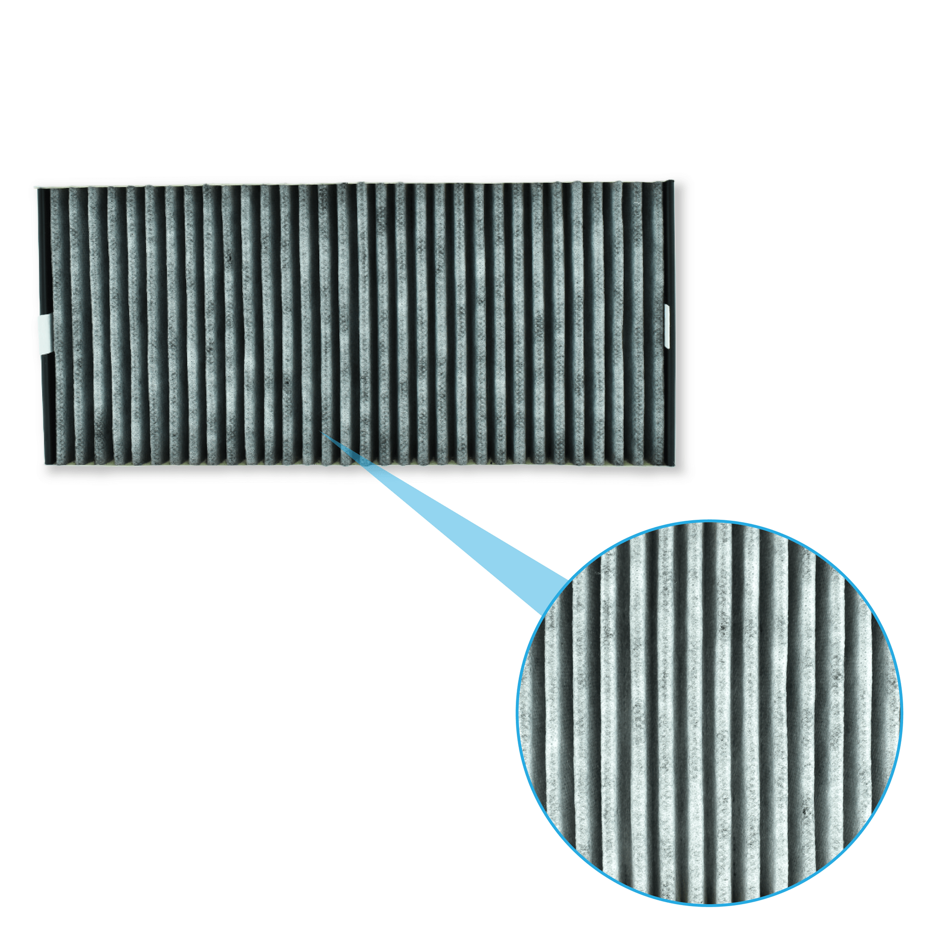Filtro aria grigio pieghettato con primo piano che mostra le fibre.