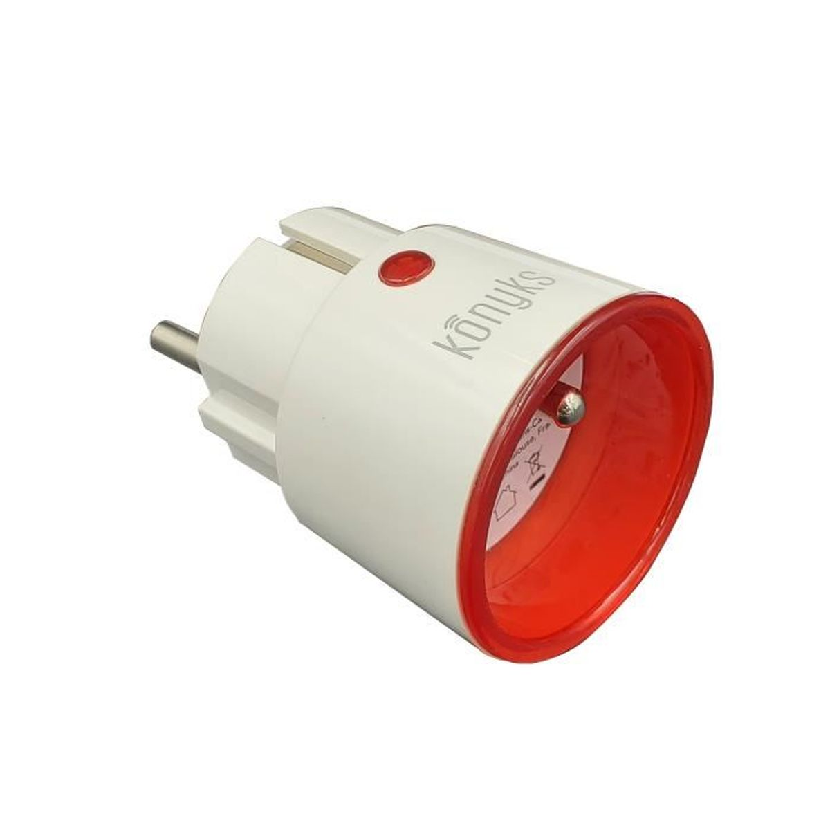 Weißer Stecker mit rotem Rand und Knopf, Konux-Logo.