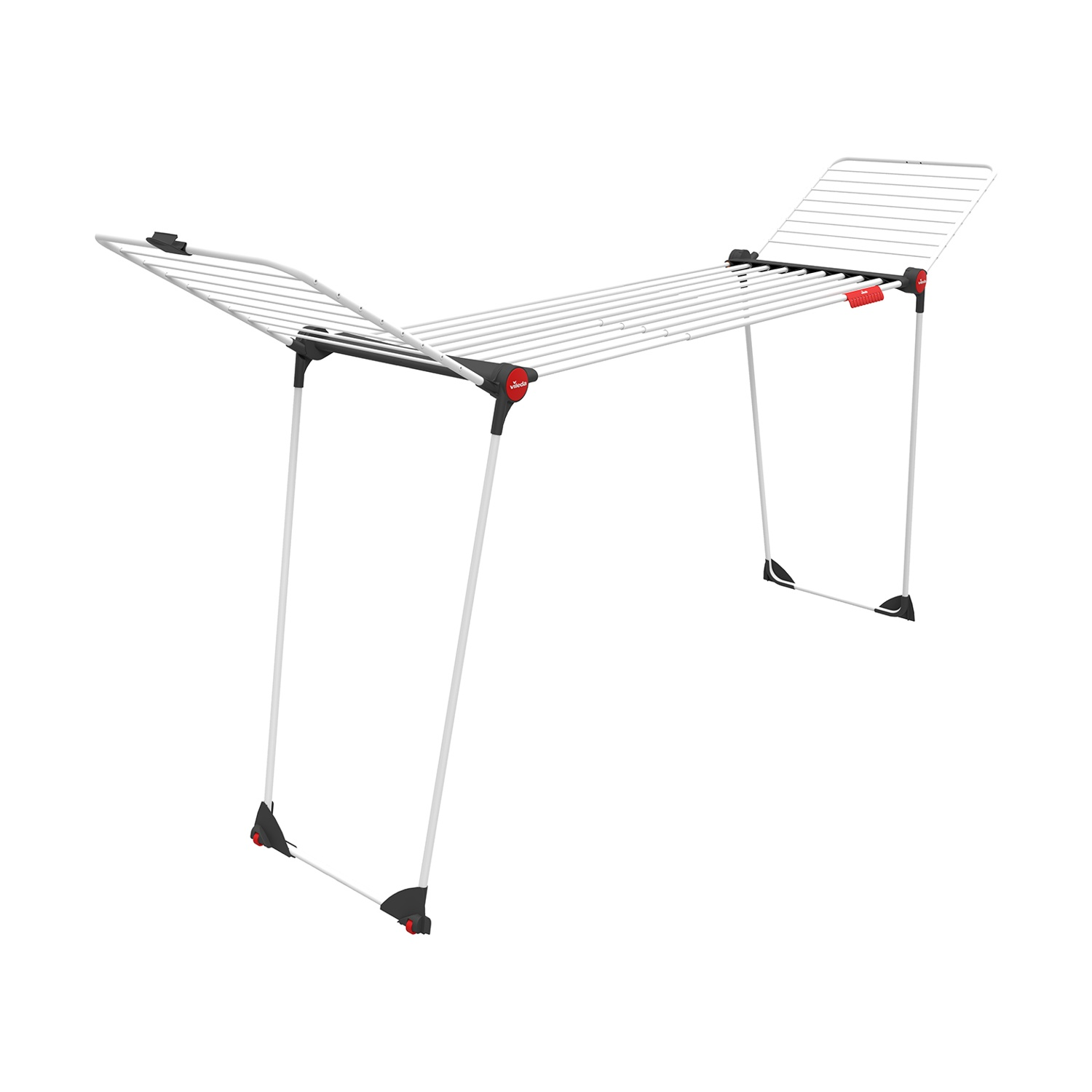 Biały stojak do suszenia prania ze składanymi skrzydłami i czerwonymi akcentami.