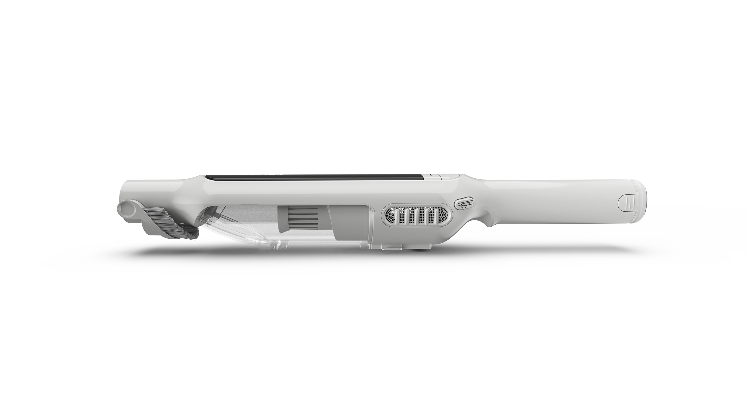 Un aspirateur blanc et portable avec une brosse et un réservoir transparent.