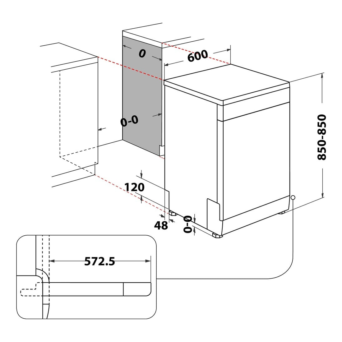 Disegno tecnico di una lavastoviglie con dimensioni di installazione.