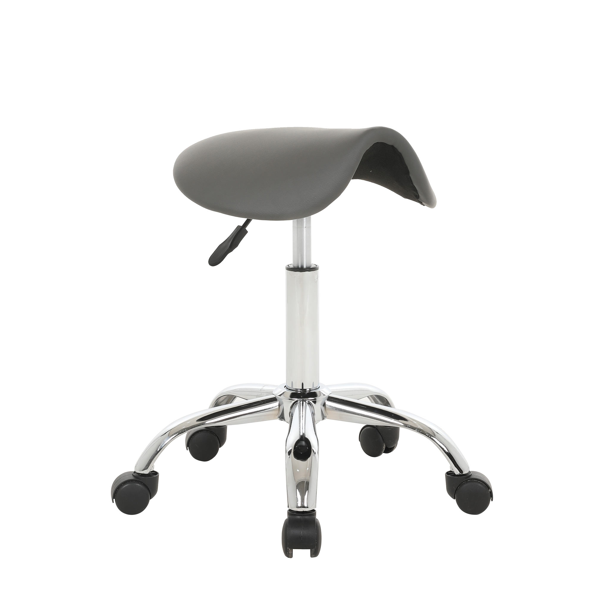 Szary stołek siodłowy z srebrną podstawą i czarnymi kółkami.