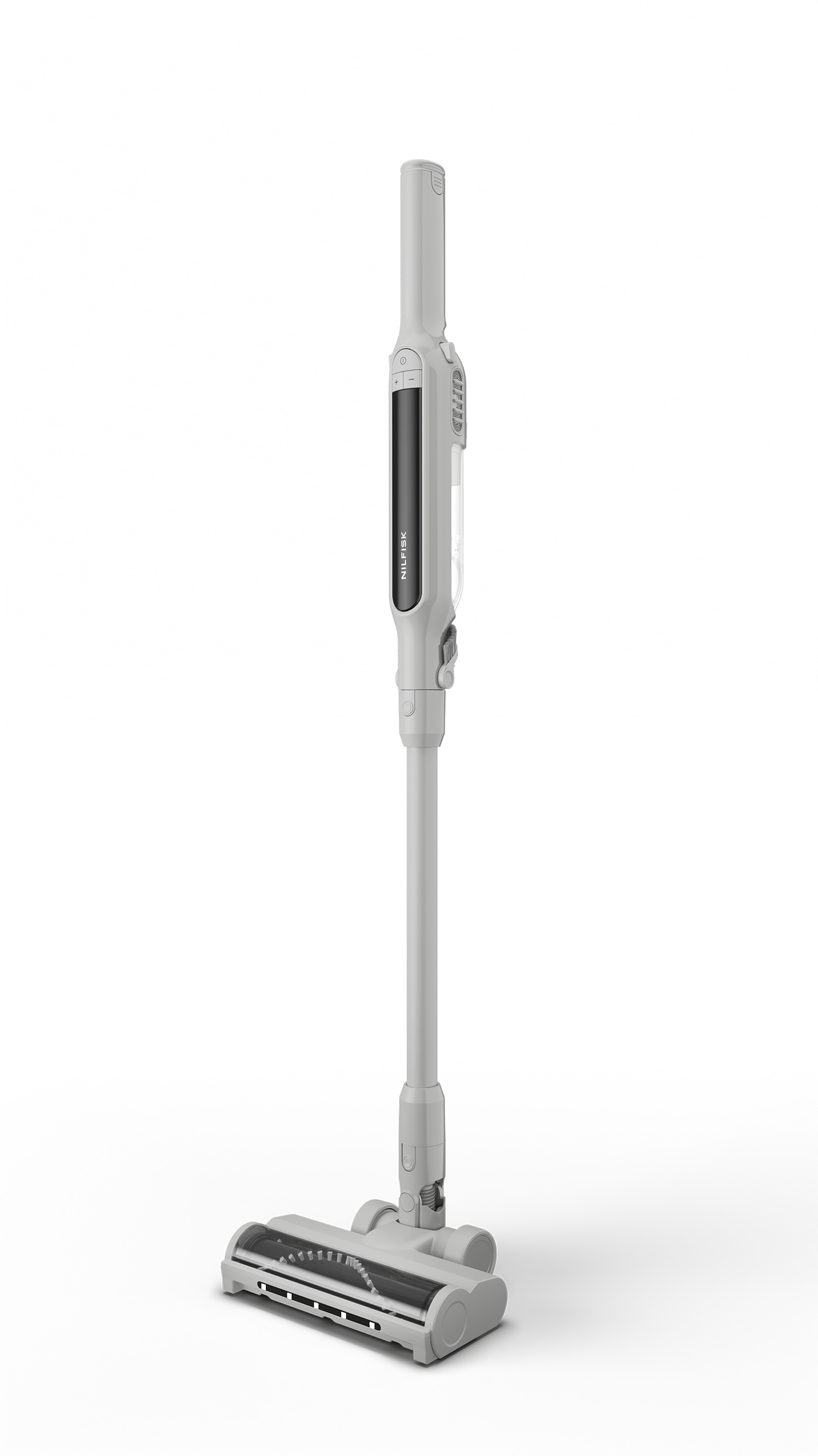 Un aspirateur balai sans fil de couleur claire avec manche et tête de brosse noirs.
