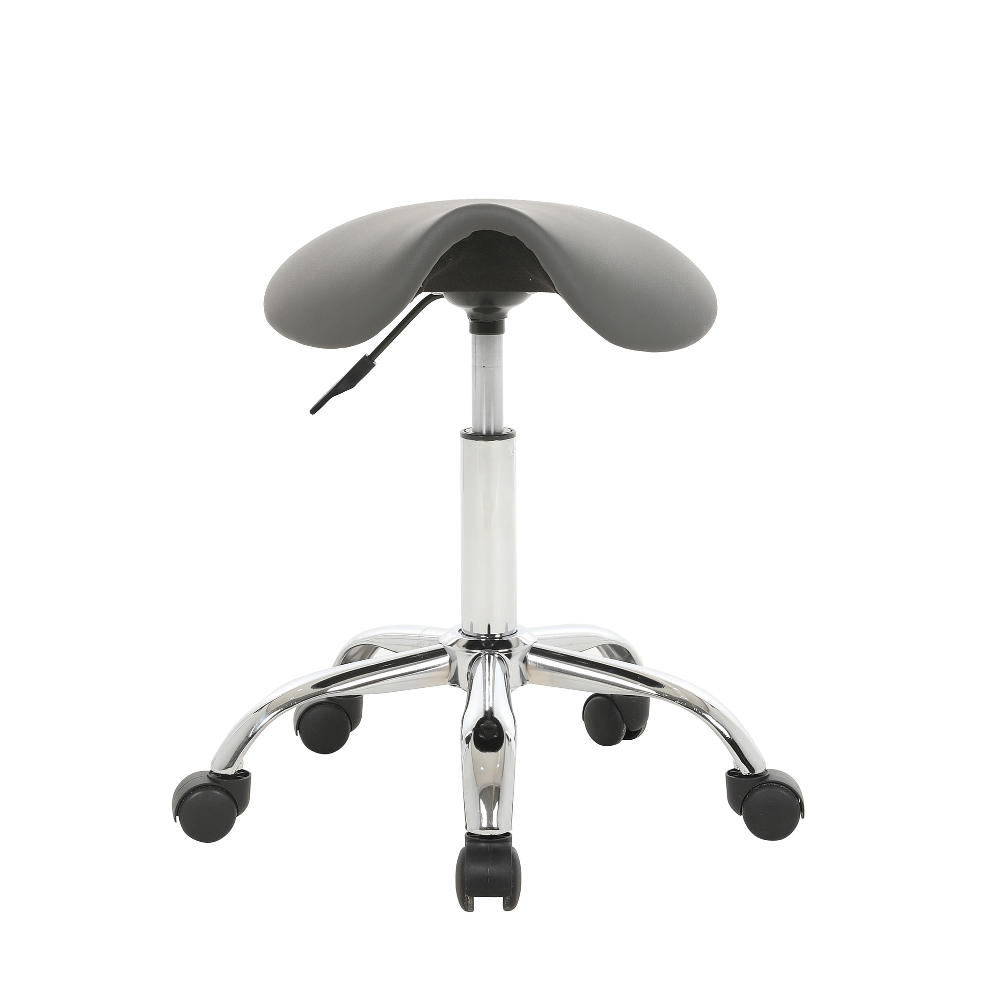 Szary stołek siodłowy na chromowanej podstawie z kółkami.
